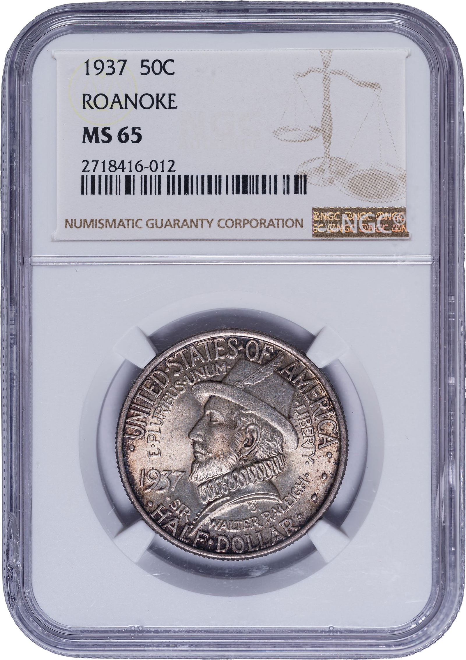 NGC MS-65 1937 Roanoke Half Dollar: Lustrous and richly toned in deeply varied shades of rose iridescence.