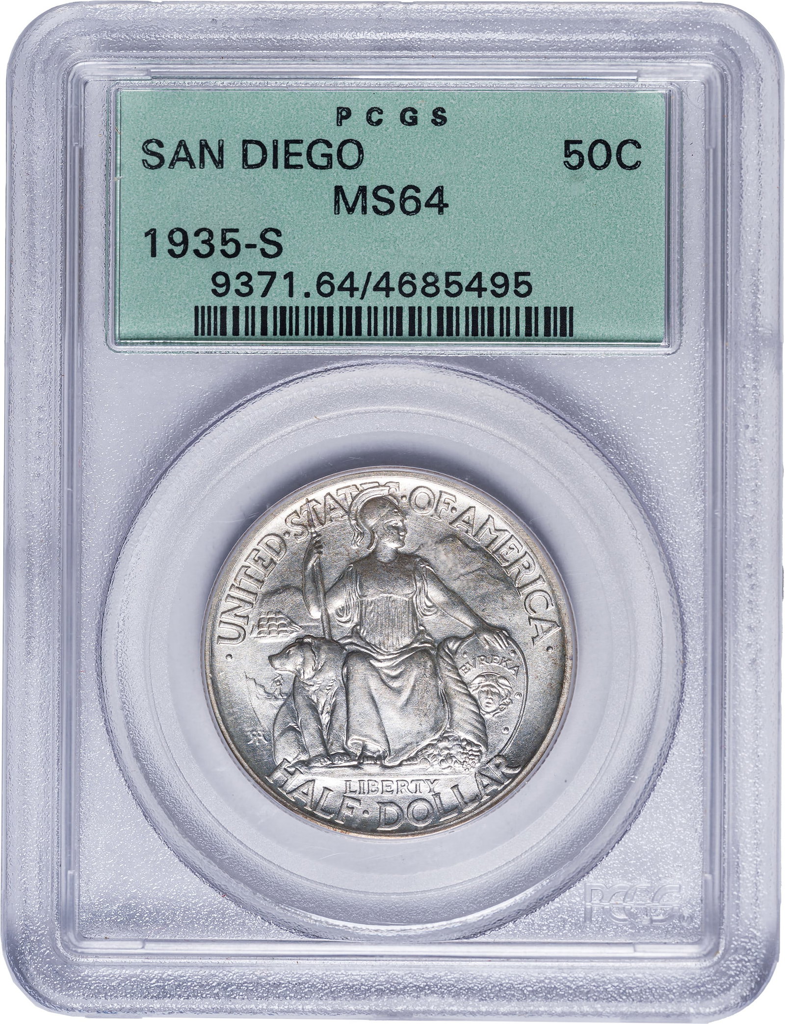 PCGS MS-64 1935-S San Diego Half Dollar: Fully brilliant and boldly lustrous. In an old-style green label PCGS holder with plastic frame.