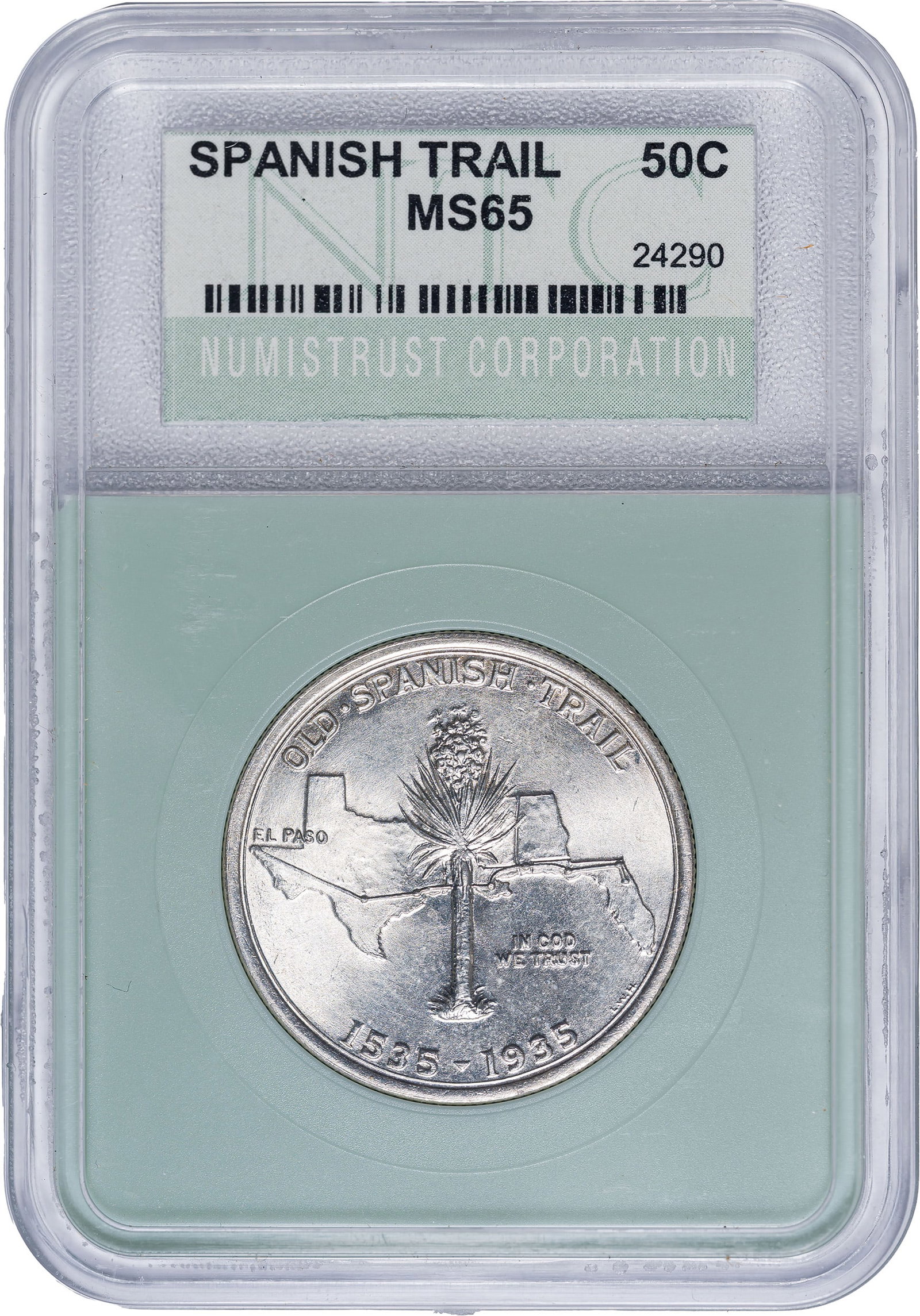 NTC MS-65 1935 Old Spanish Trail Half Dollar: An unusual occurrence -- an off-party slab that is right-on for the given grade. Fully brilliant and highly lustrous with a whisper of golden toning.