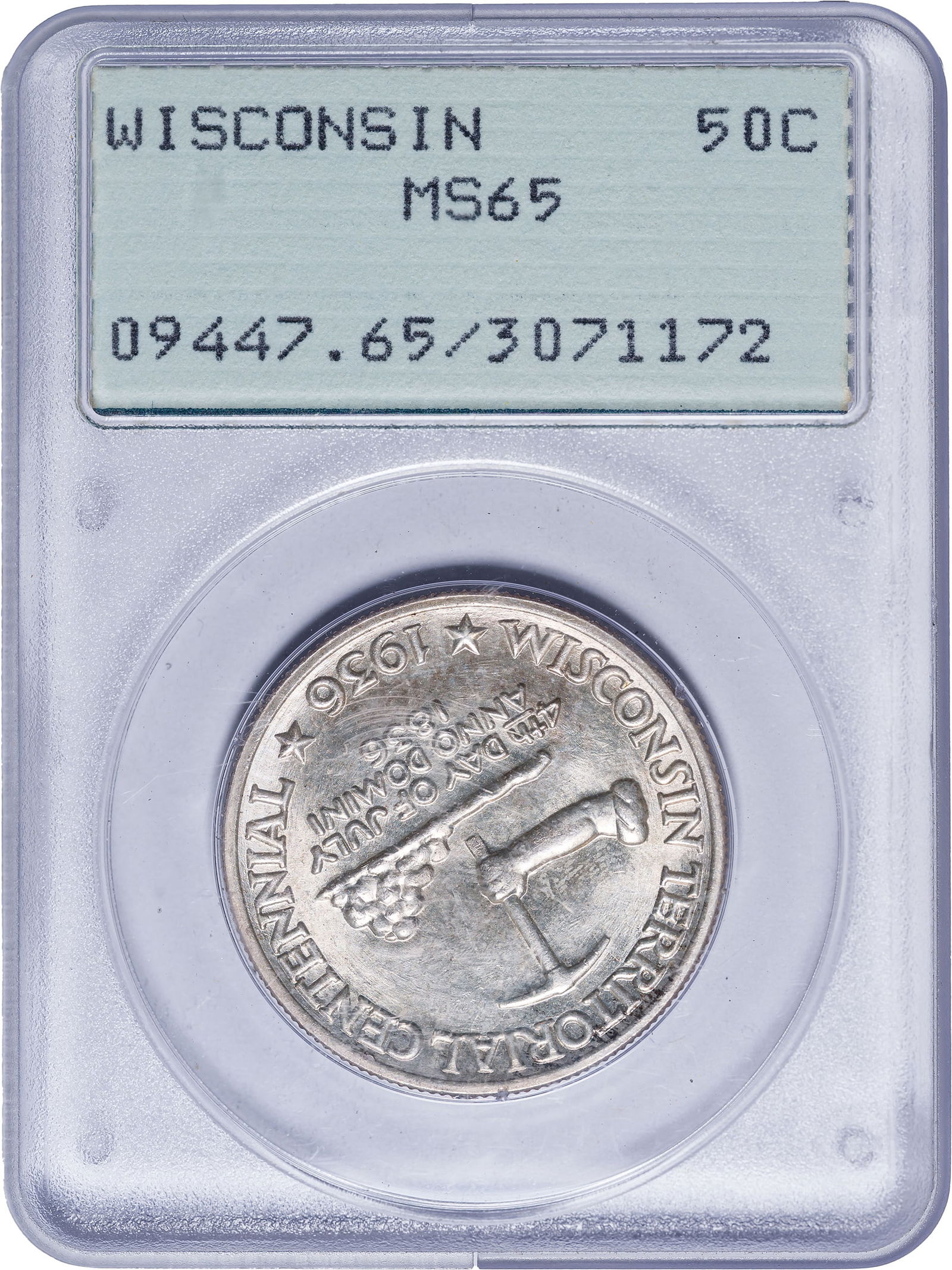 PCGS MS-65 Rattler 1936 Wisconsin Half Dollar: Brilliant and most likely undergraded. Housed in an early generation PCGS "Rattler" holder.