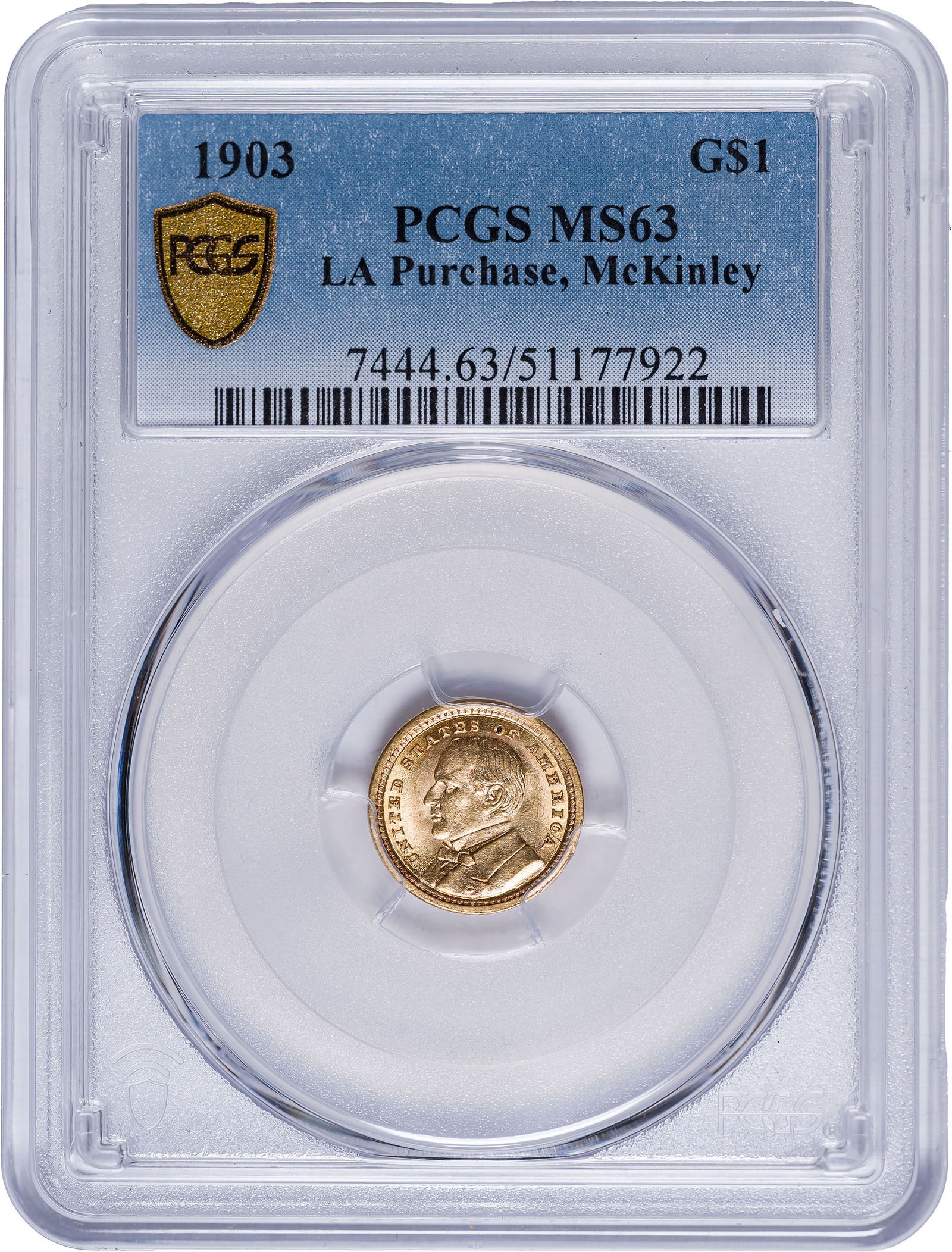 PCGS MS-63 1903 Louisiana Purchase $1 Gold: Satiny and boldly lustrous with exceptional eye appeal for the grade and issue.