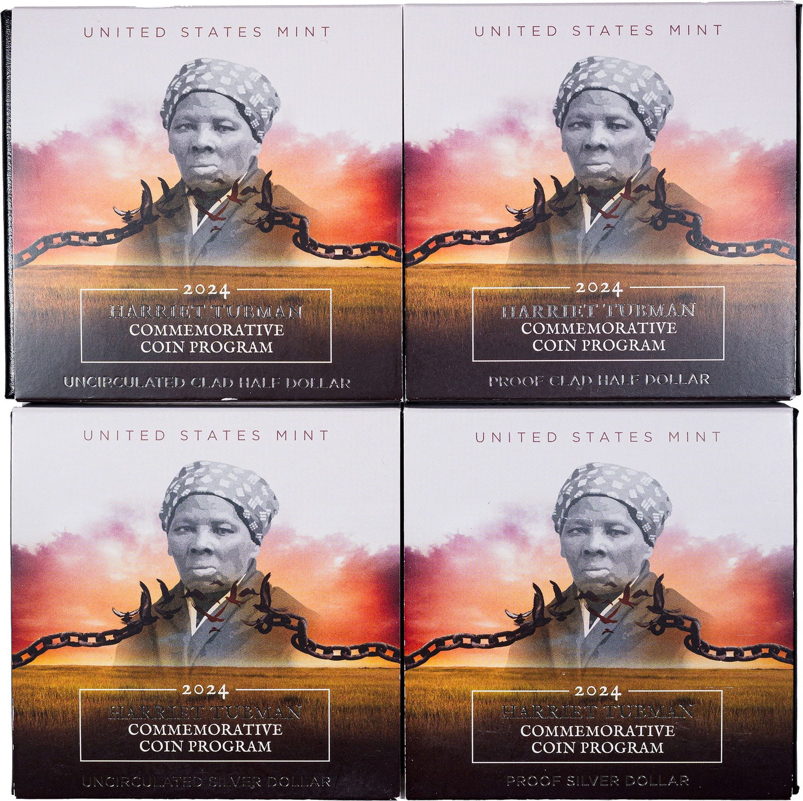 2024 Harriet Tubman Quartet: Includes Proof & UNC clad half dollars and Proof & UNC silver dollars. All are housed in OGP. (Total: 4 pcs)