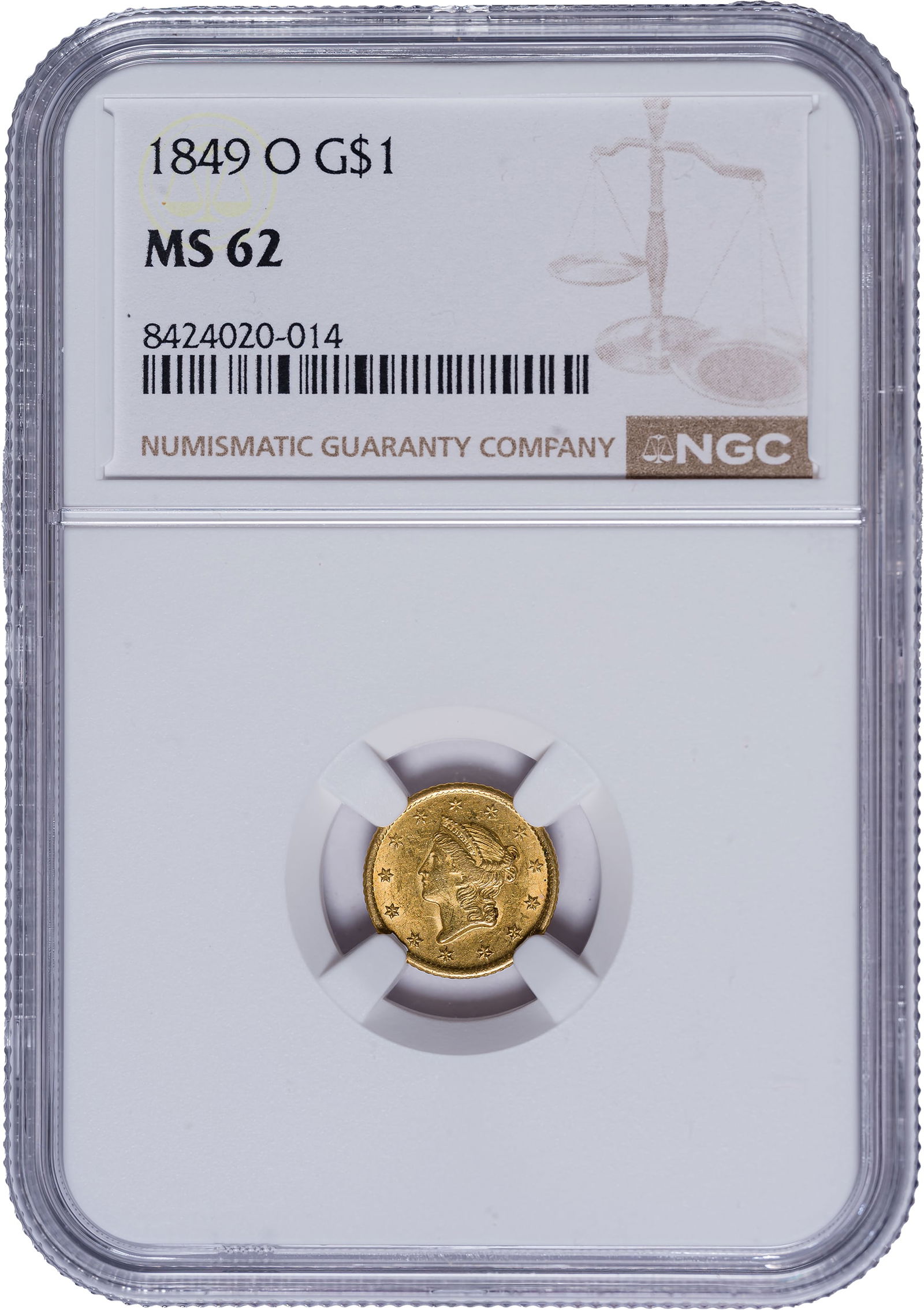 NGC MS-62 1849-O $1 Gold: Open Wreath. Lustrous honey-gold with an olive glow throughout.