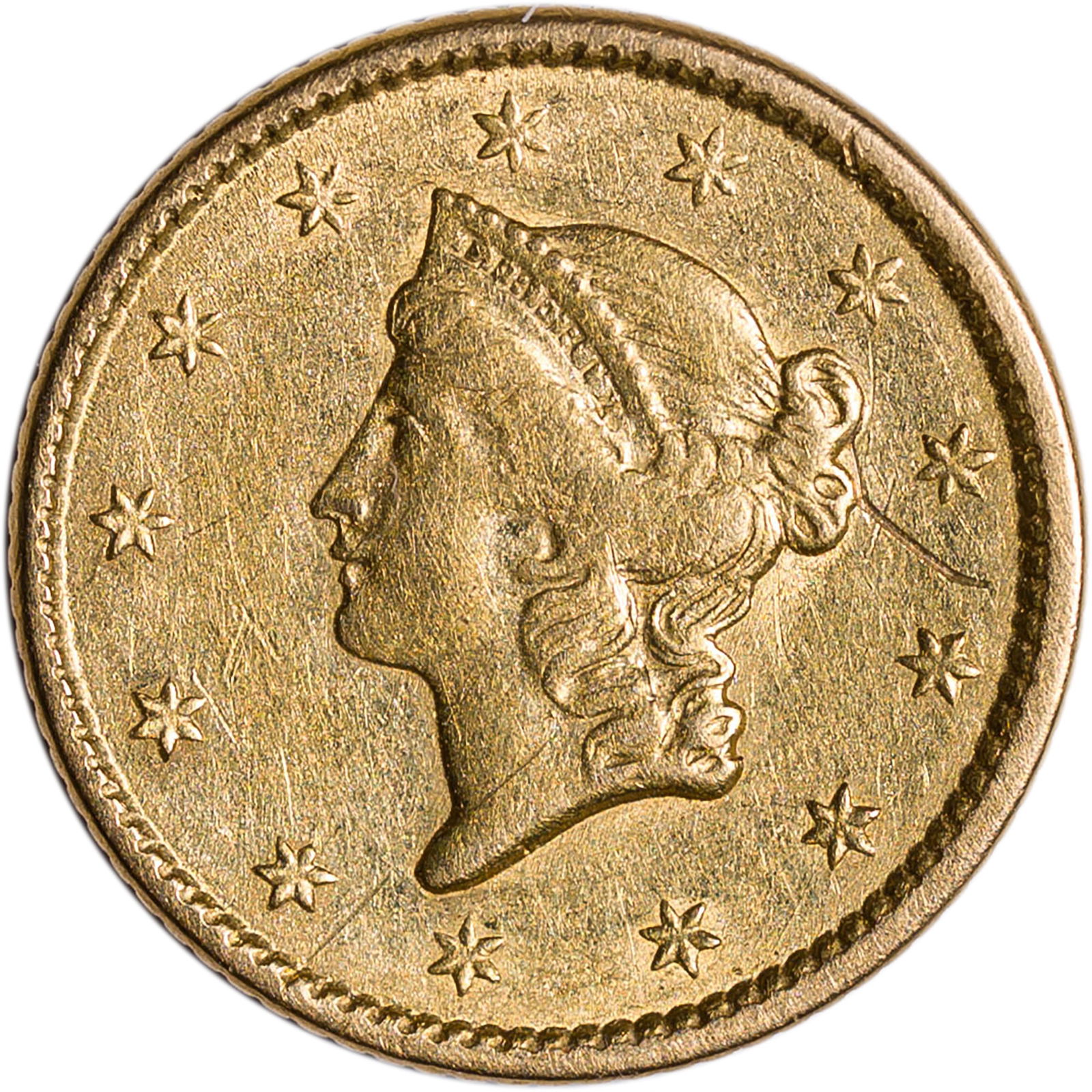 EF Details 1850 $1 Gold: Type I. Shows a short obverse scratch.
