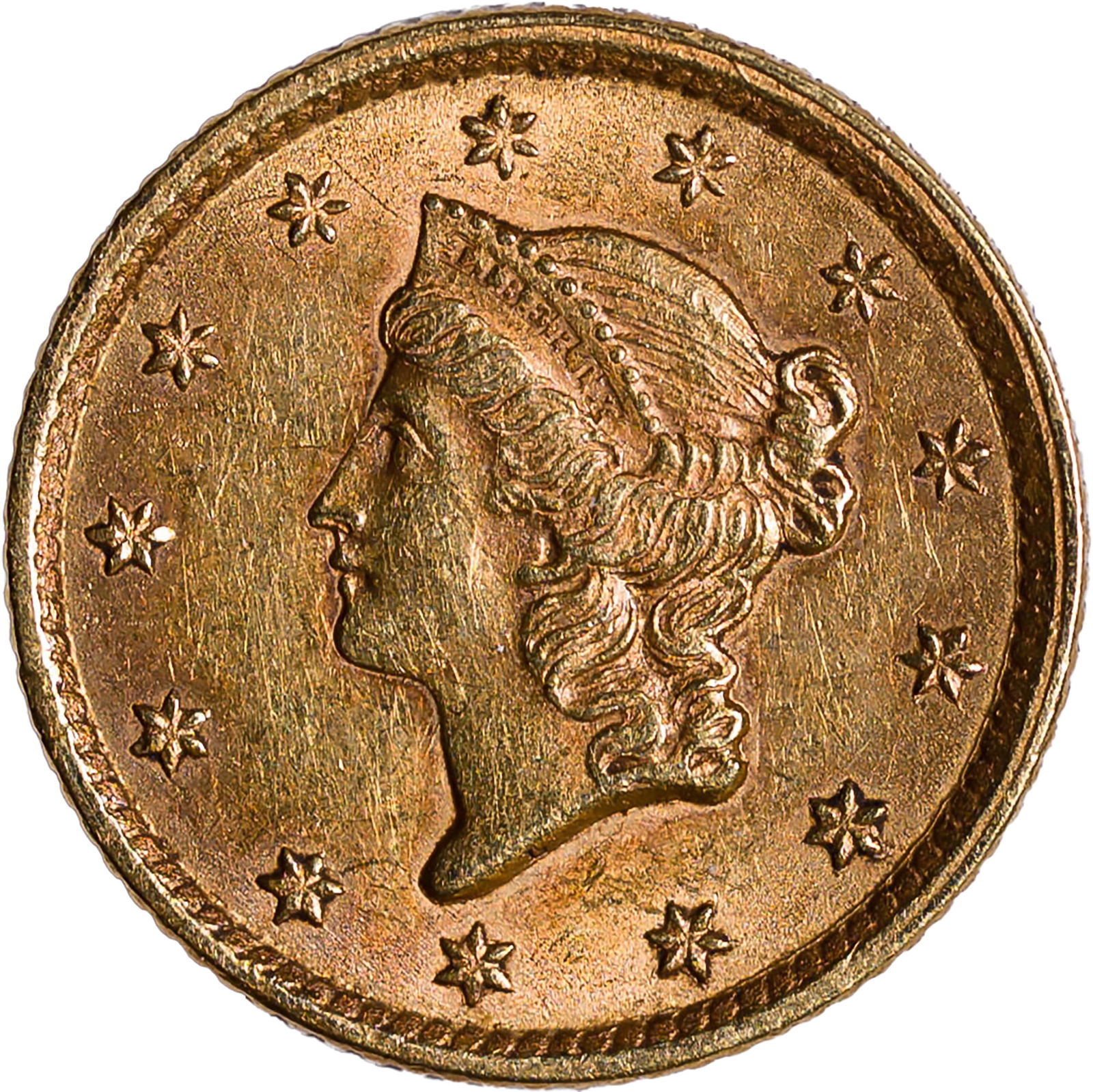 BU-60 1852 $1 Gold: Type I. Lustrous and sharp.