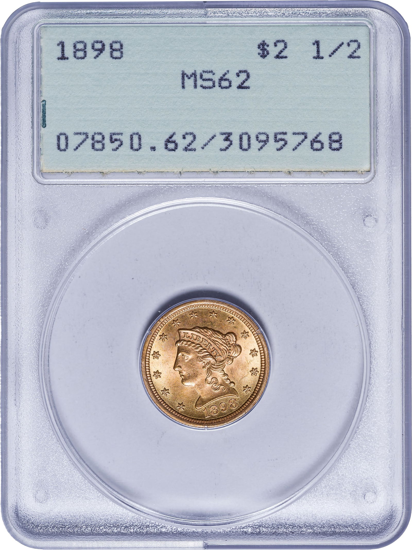 PCGS MS-62 Rattler 1898 $2.50 Gold Liberty: Choice or even finer by today's standards. Housed in an early generation PCGS Rattler holder. Quite scarce with an original mintage of just 24,000 pieces.