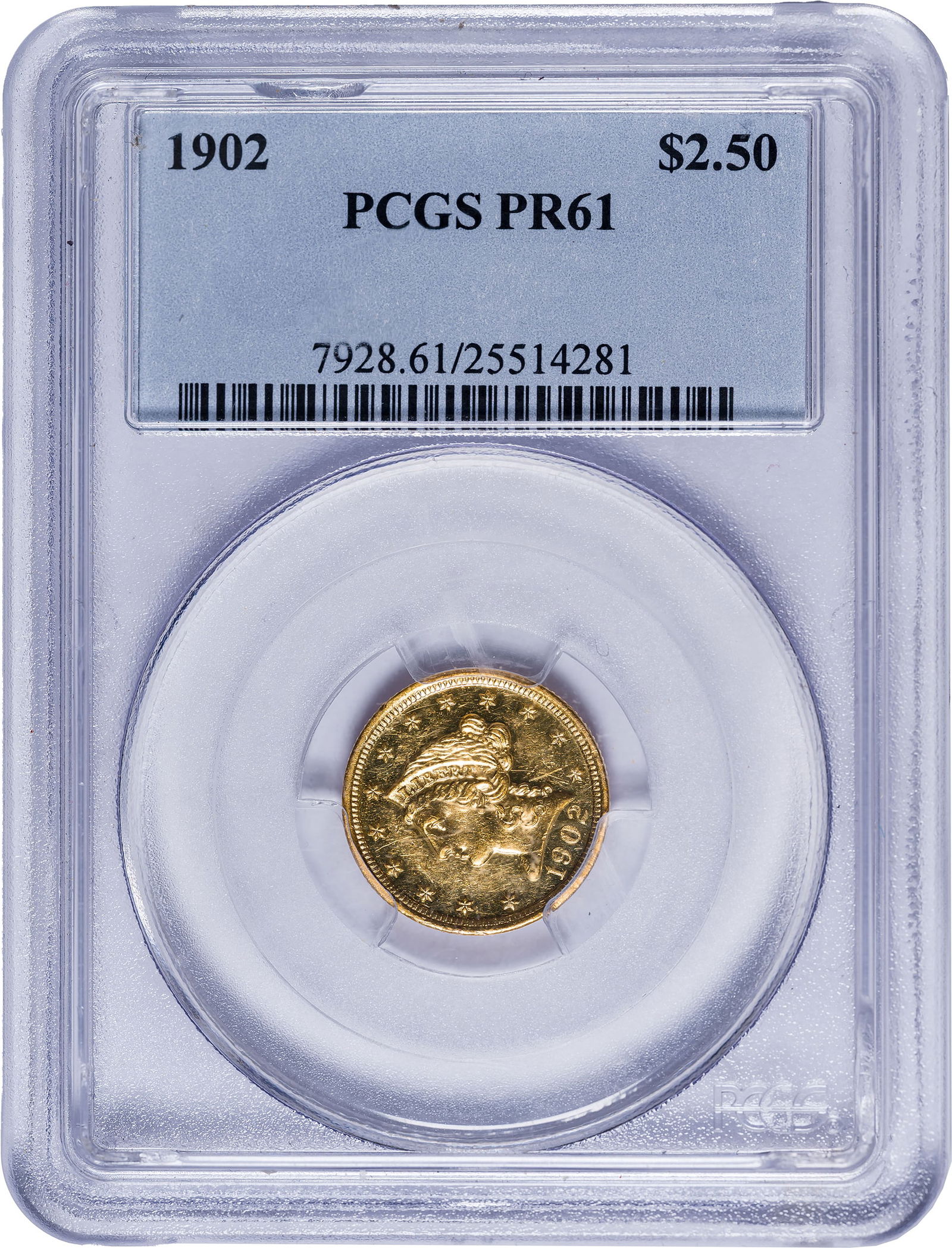 PCGS Proof-61 1902 $2.50 Gold: Intensely lustrous yellow-gold with bold reflectivity. One of 193 Proofs of the date produced, though not all pieces were sold at the Mint. Pleasing for the assigned grade.