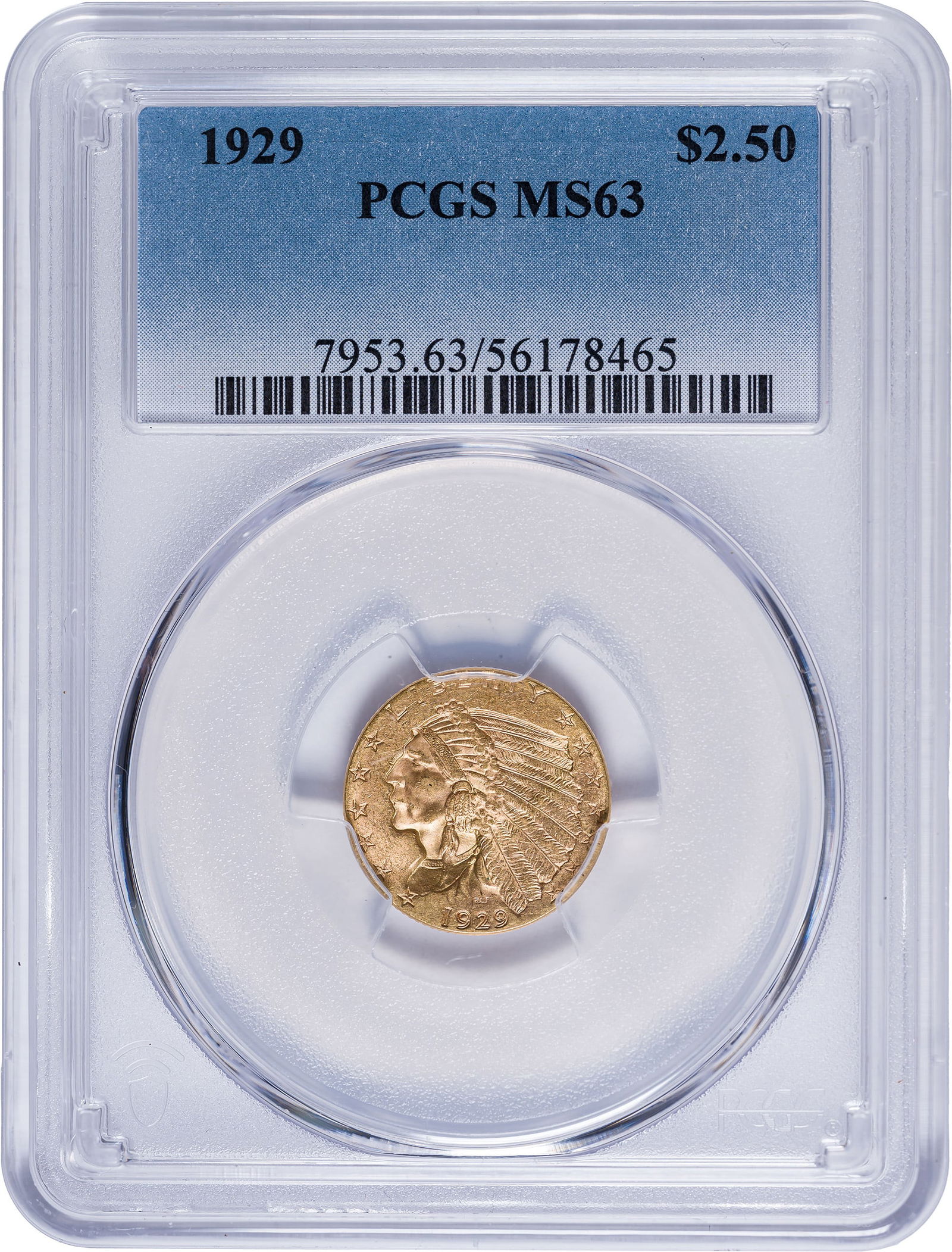 PCGS MS-63 1929 $2.50 Gold Indian: Original and choice.
