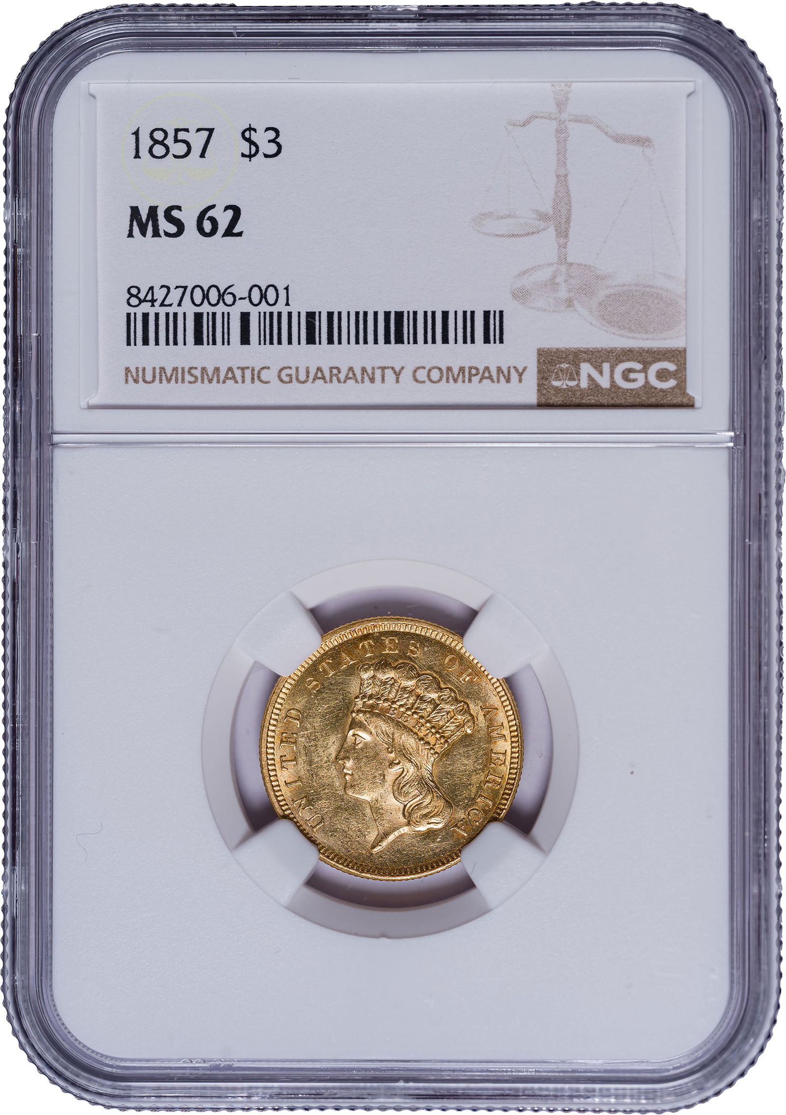 NGC MS-62 1857 $3 Gold: Bright yellow-gold with a hint of orange iridescence. Elusive in Mint State, as are most dates of the series. Choice for the assigned grade, with unbroken luster throughout.