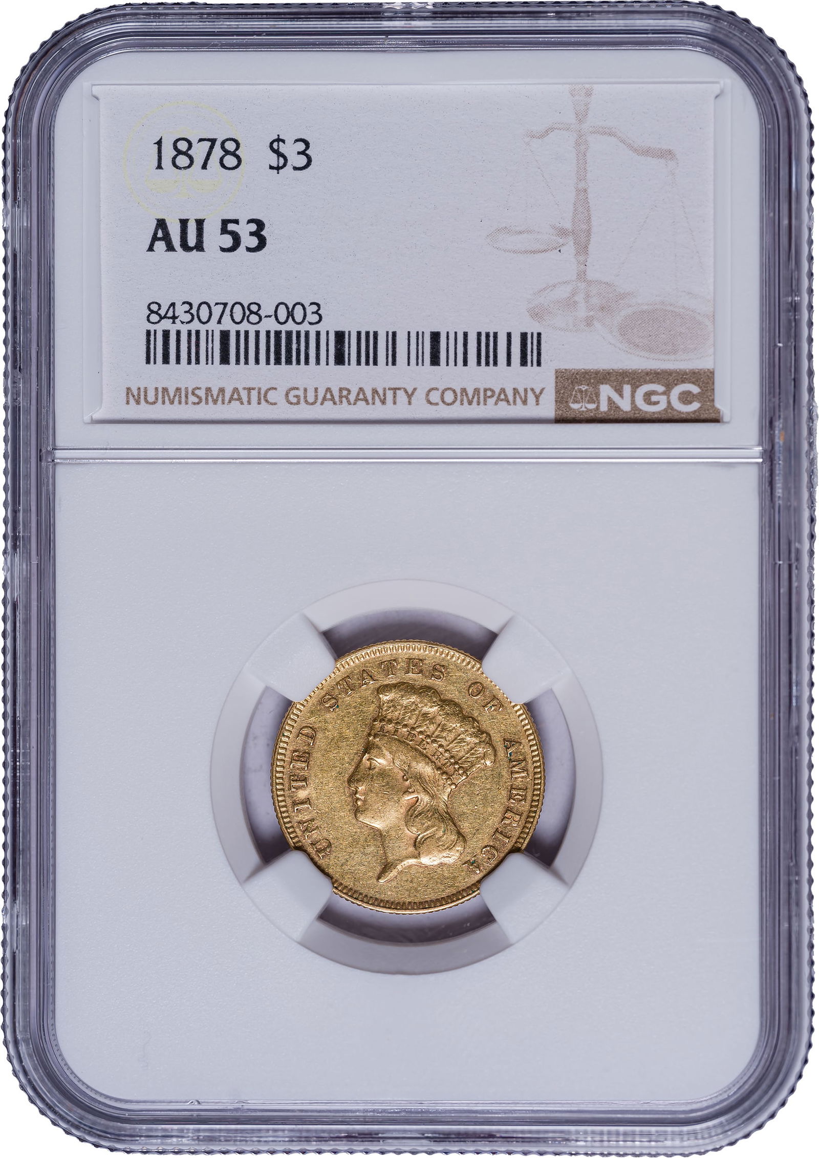 NGC AU-53 1878 $3 Gold: Evenly worn yellow-gold surfaces.