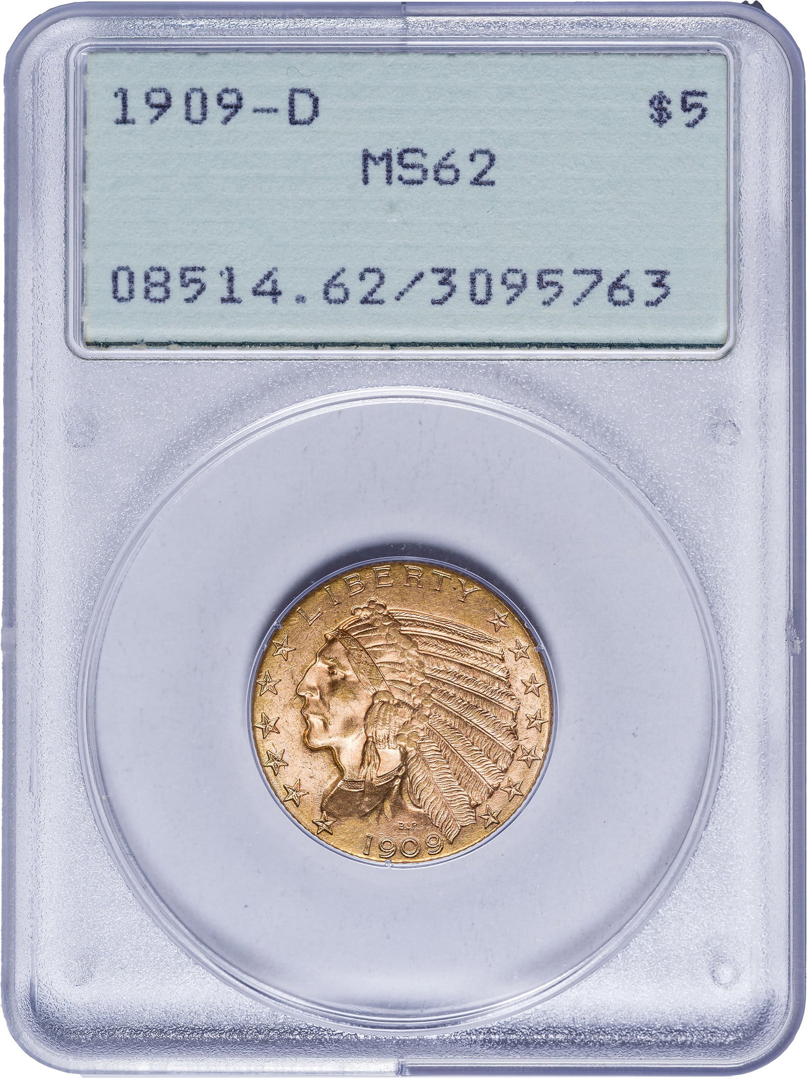 PCGS MS-62 Rattler 1909-D $5 Indian: Easily choice by todays standards. Housed in an early generation PCGS Rattler holder.