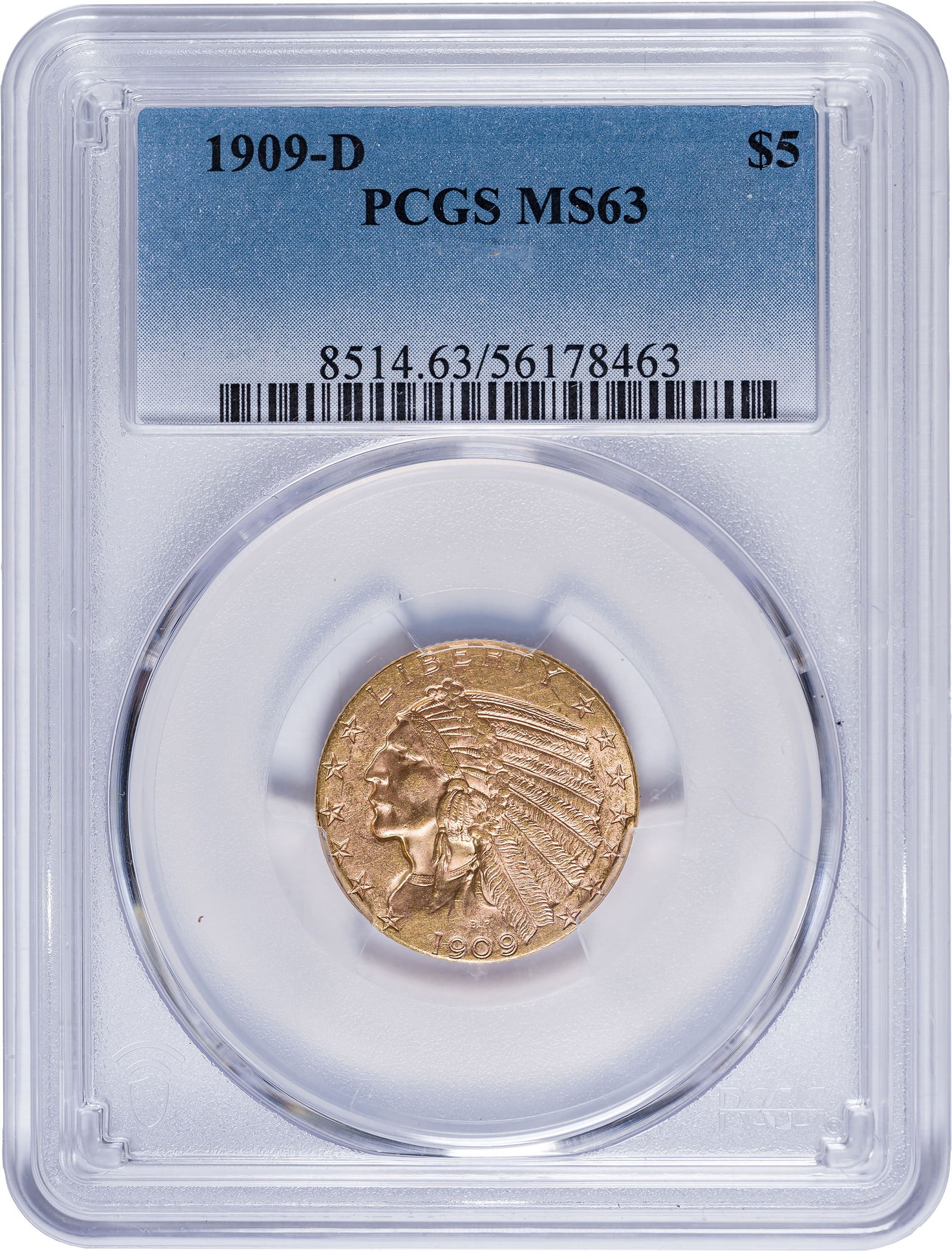 PCGS MS-63 1909-D $5 Gold Indian: Fully lustrous and choice.