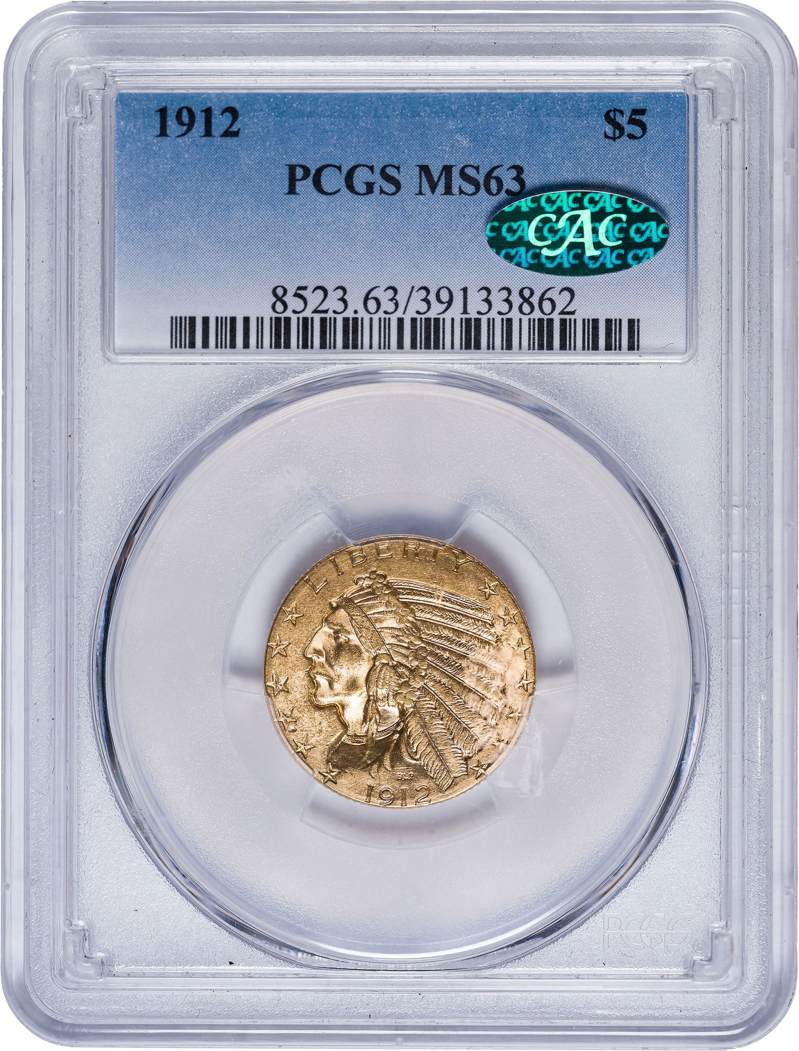 PCGS MS-63 CAC 1912 $5 Gold Indian: Intense luster engages the brilliant yellow-gold surfaces. Choice aesthetically and physically.