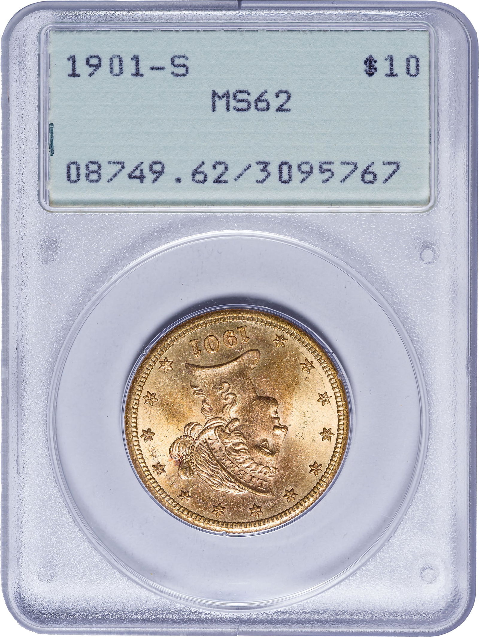 PCGS MS-62 Rattler 1901-S $10 Gold Liberty: Probably would make MS-63 by today's standards. Housed in an early generation PCGS Rattler holder.
