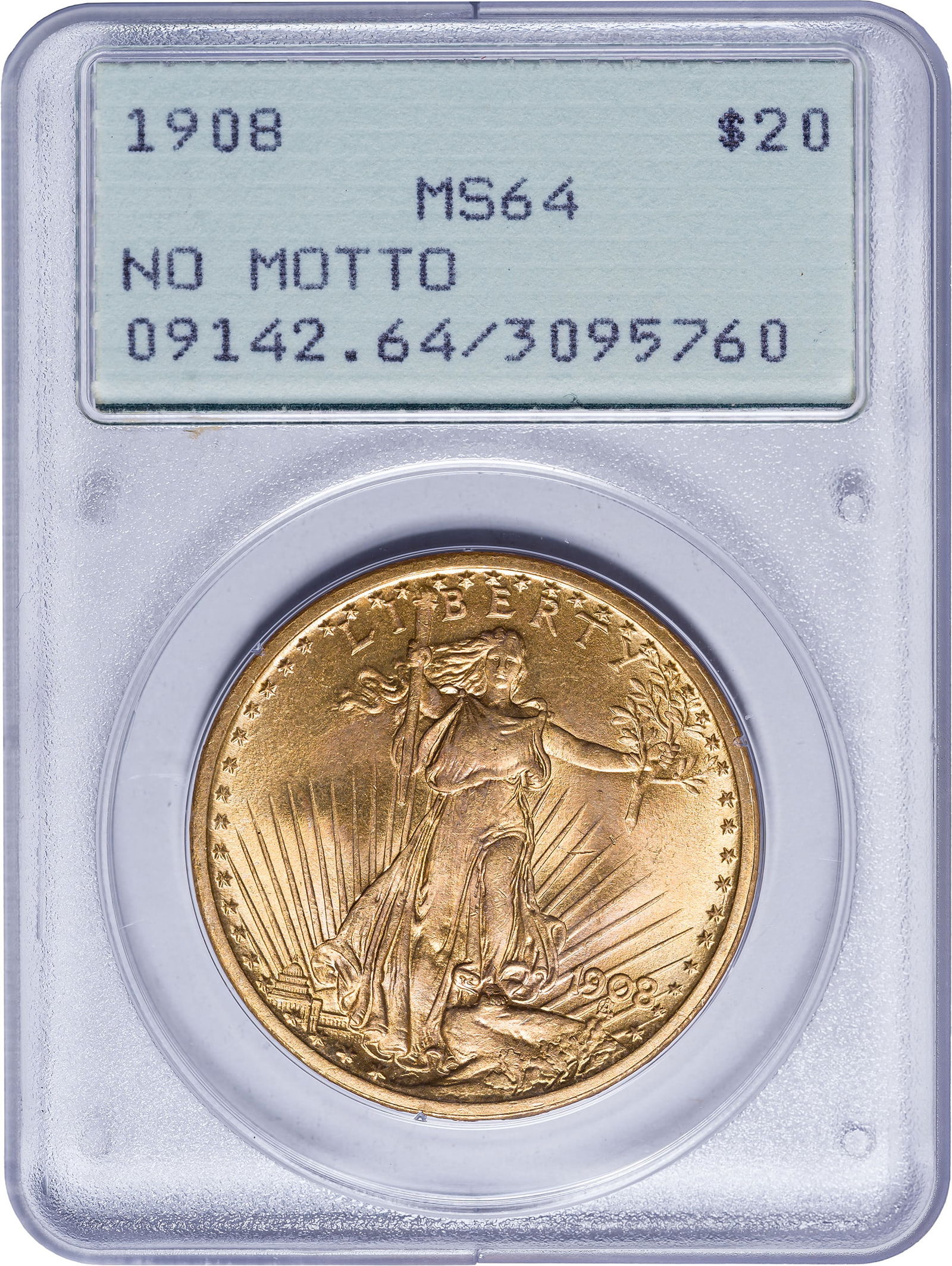 PCGS MS-64 Rattler 1908 $20 St. Gaudens Gold: No Motto. A near gem example that's housed in an early generation PCGS Rattler holder.
