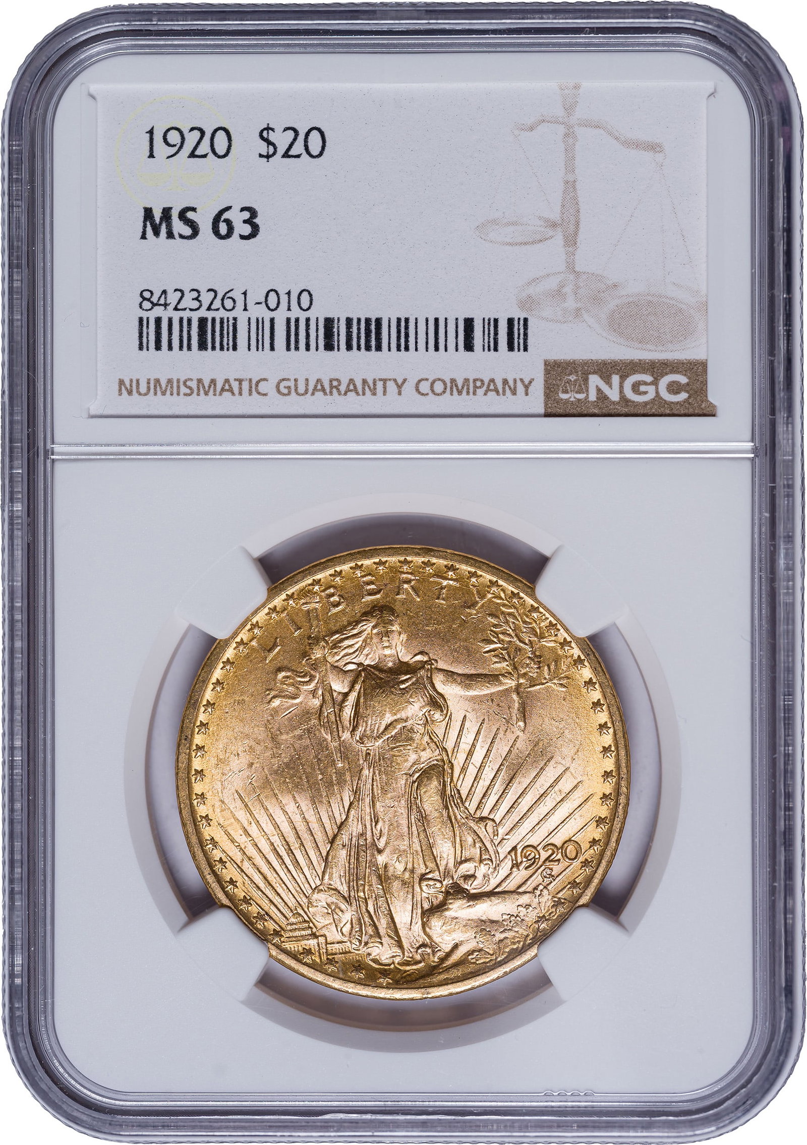 NGC MS-63 1920 $20 St. Gaudens Gold: Scarce in all grades but higher grades being rare. In fact an MS-65 could fetch nearly $200,000!