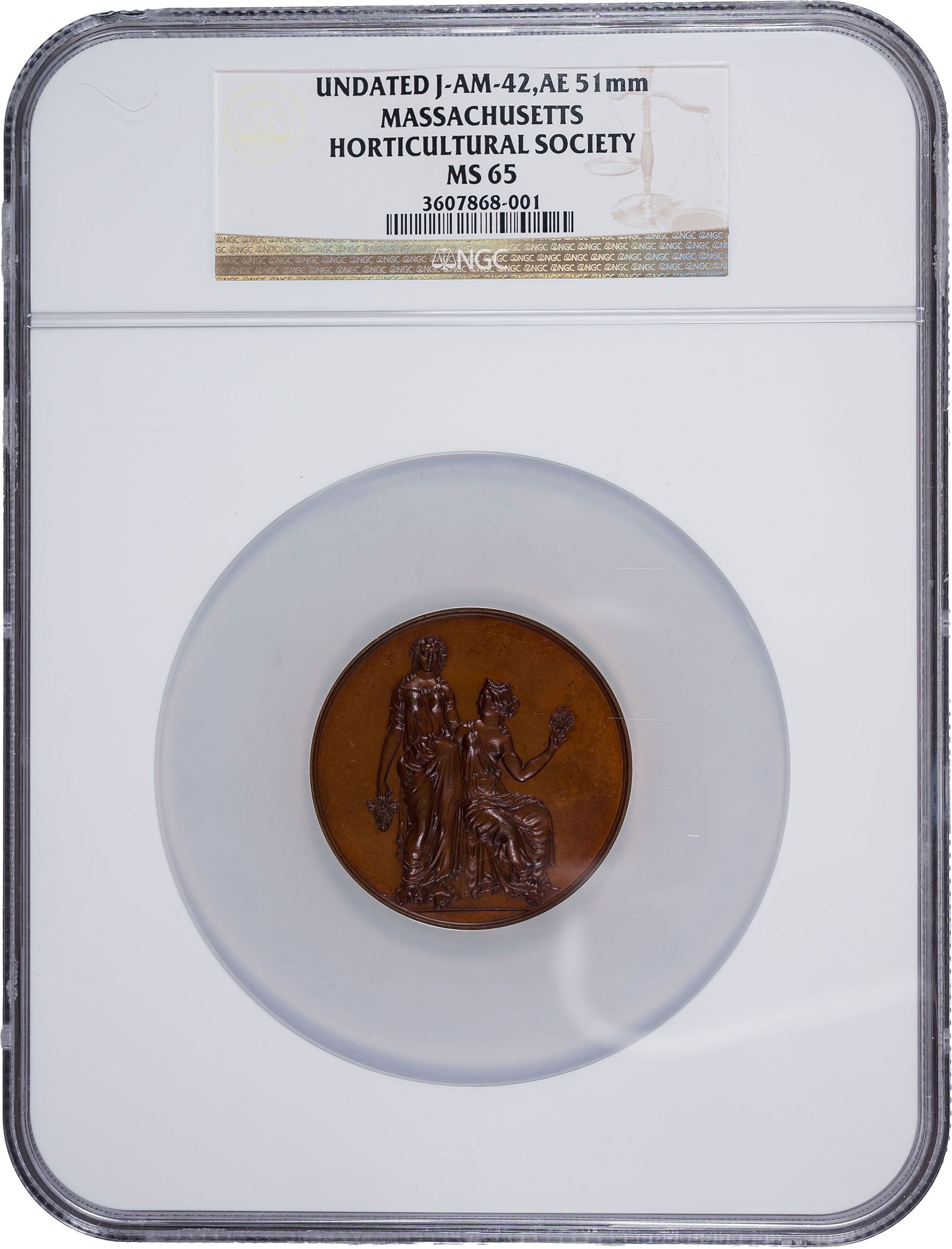 Massachusetts. NGC MS-65 Bronze Medal: Undated. Massachusetts Horticultural Society. J-AM-42. Bronze. 51 mm. Beautiful chestnut-brown surfaces, as struck, and lovely as such. Not awarded.