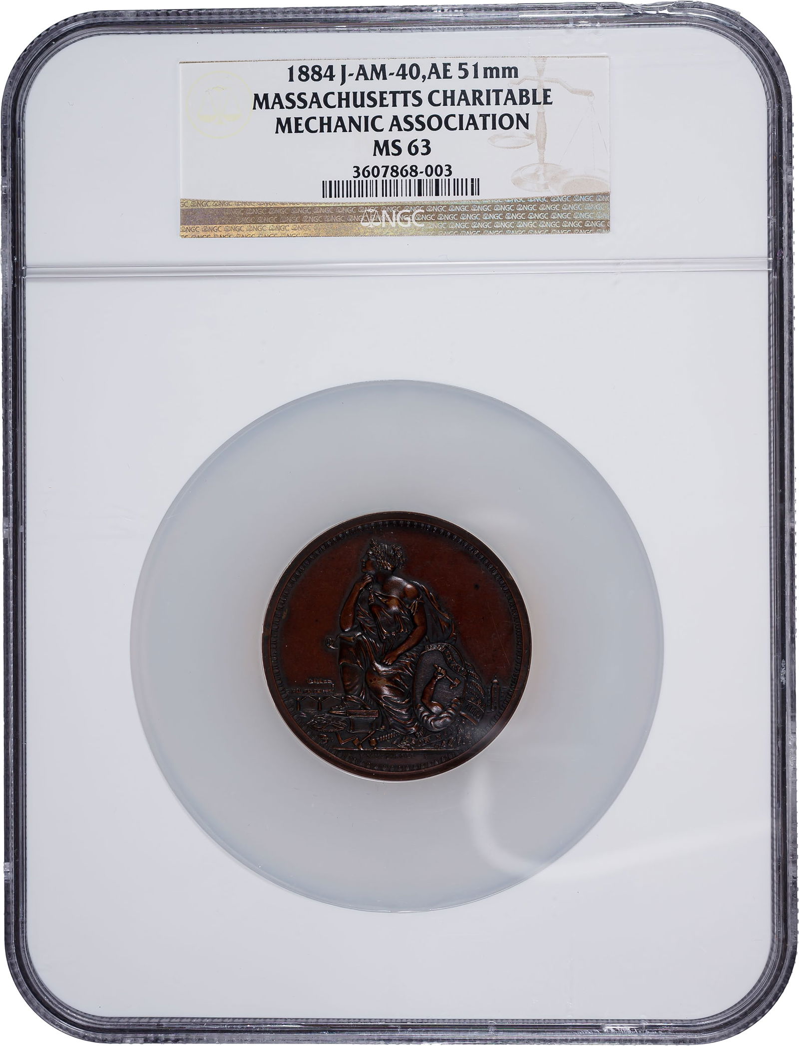 Massachusetts. NGC MS-63 Bronze Medal: 1884. Massachusetts Charitable Mechanic Association. J-AM-40. Bronze. 51 mm. Deep chestnut-brown with deeper toning here and there. 16th Exhibition.