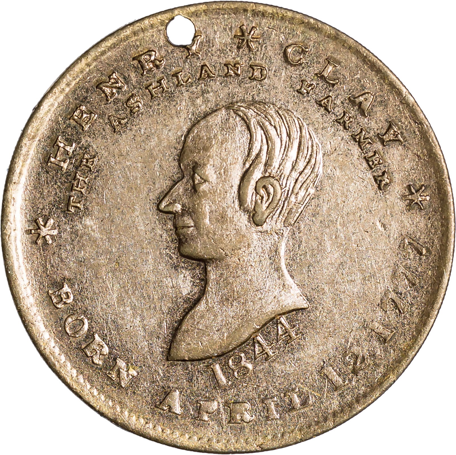 AU+ 1844 Henry Clay Token: Brass, holed for suspension. Bright and lustrous.