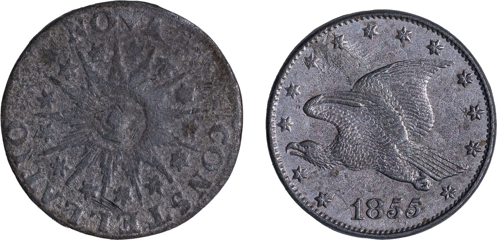 Counterfeit Colonial and Pattern Pair: Both white metal. Includes: 1785 Nova Constellatio, Script US, VF sharpness; and 1855 Pattern Flying Eagle Large Cent, AU sharpness. (Total: 2 pieces)