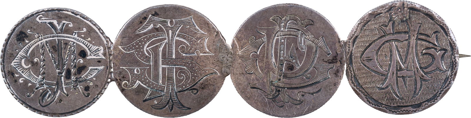 Love Token Seated Dime Pinback Bar: Four Liberty Seated dimes on a pinback bar. Neat and uncommon.