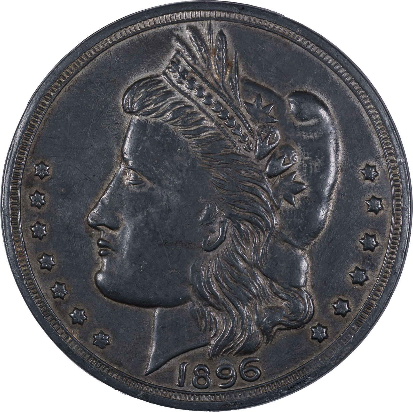 Choice AU to Unc 1896 Bryan "Dollar": White metal. Large format, 3.5". Liberty obverse, stars around, date below. Reverse with central eagle, UNITED STATES OF AMERICA around, 16 to 1 in left field, NIT in right field. A classic issue from