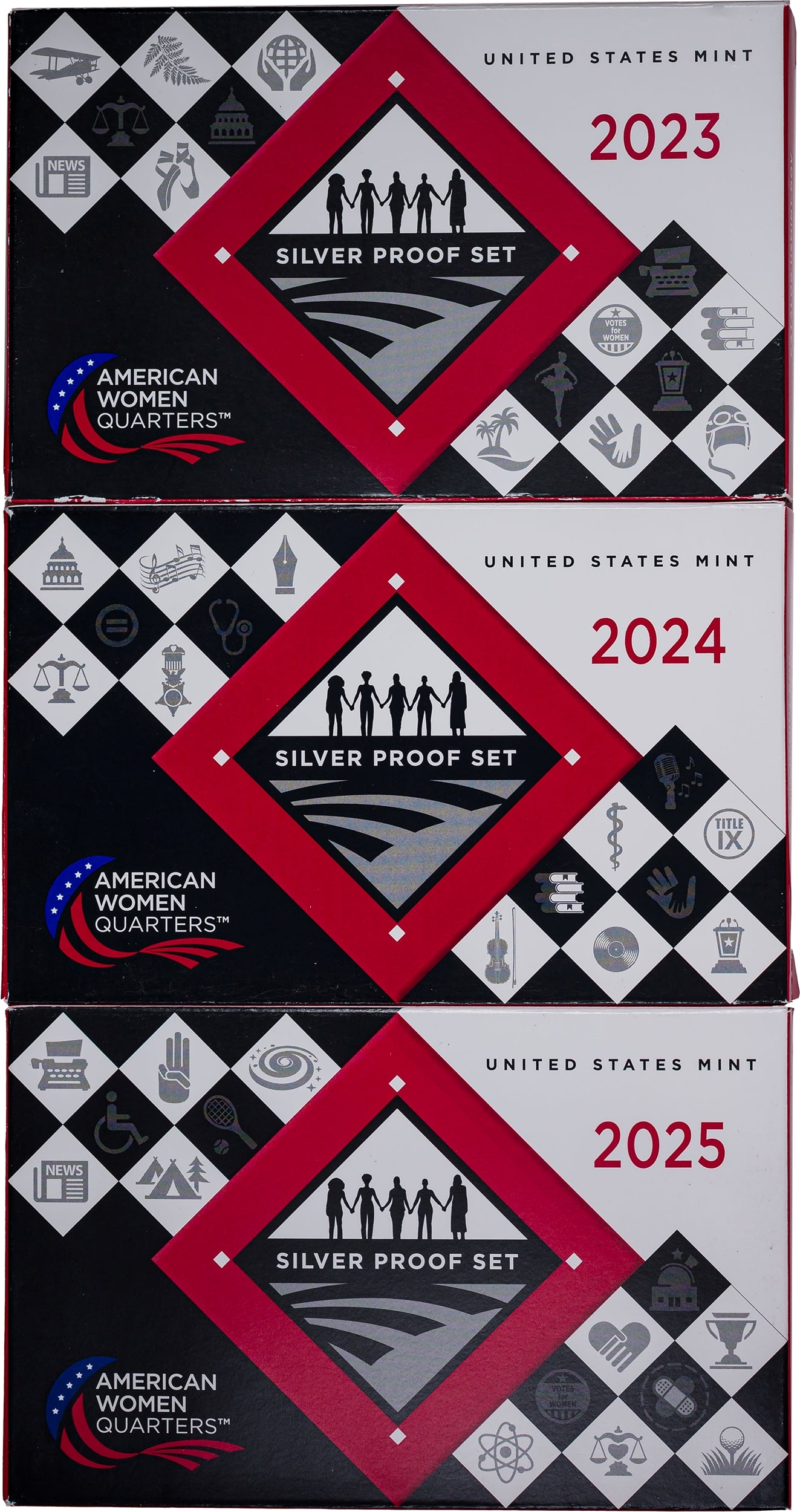 3 Pcs American Women Quarters Silver Proof Sets: Includes 2023, 2024 & 2025. All are housed in OGP. (Total: 3 pcs)