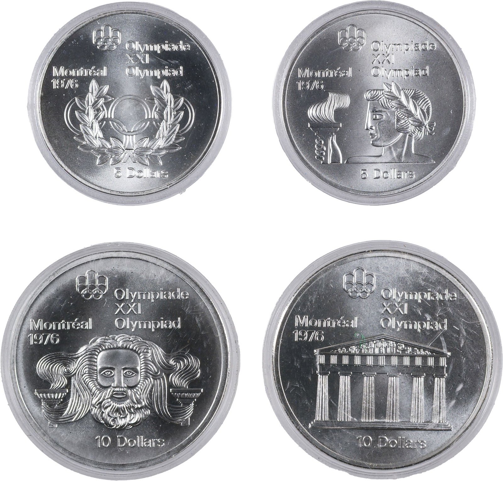 Canada. 1974 4 Coin Silver Olympic Set: Includes (2) $5 and (2) $10. Each is struck in sterling silver with the 4 coins containing a total of 4.32 ounces of pure silver. Each comes in its original capsule. (Total: 4 pcs)