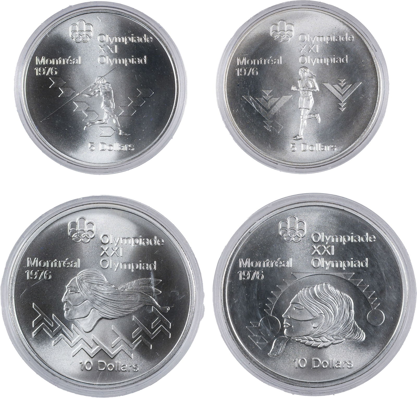 Canada. 1975 4 Coin Silver Olympic Set: Includes (2) $5 and (2) $10. Each is struck in sterling silver with the 4 coins containing a total of 4.32 ounces of pure silver. Each comes in its original capsule. (Total: 4 pcs)