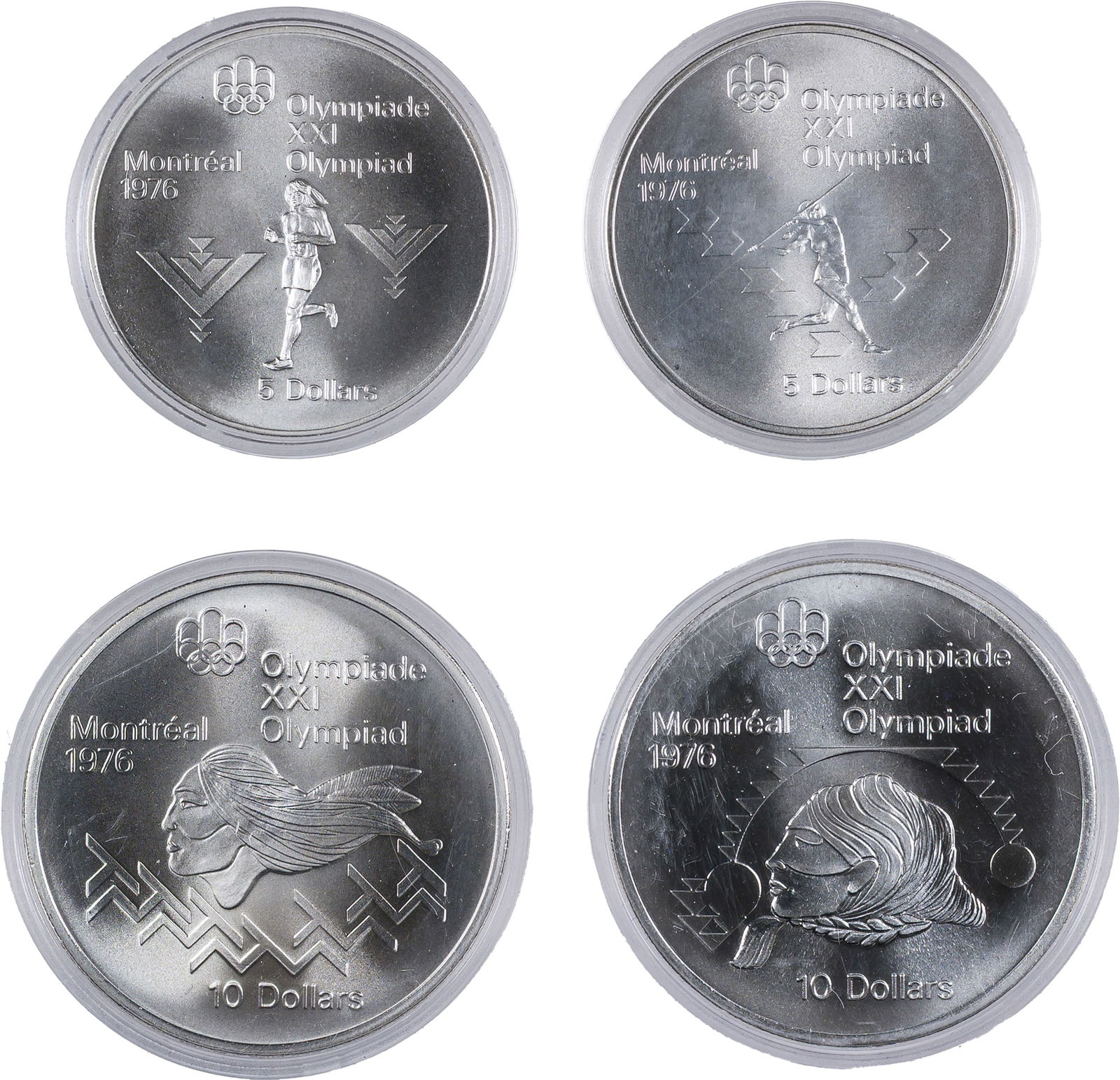Canada. 1975 4 Coin Silver Olympic Set: Includes (2) $5 and (2) $10. Each is struck in sterling silver with the 4 coins containing a total of 4.32 ounces of pure silver. Each comes in its original capsule. (Total: 4 pcs)
