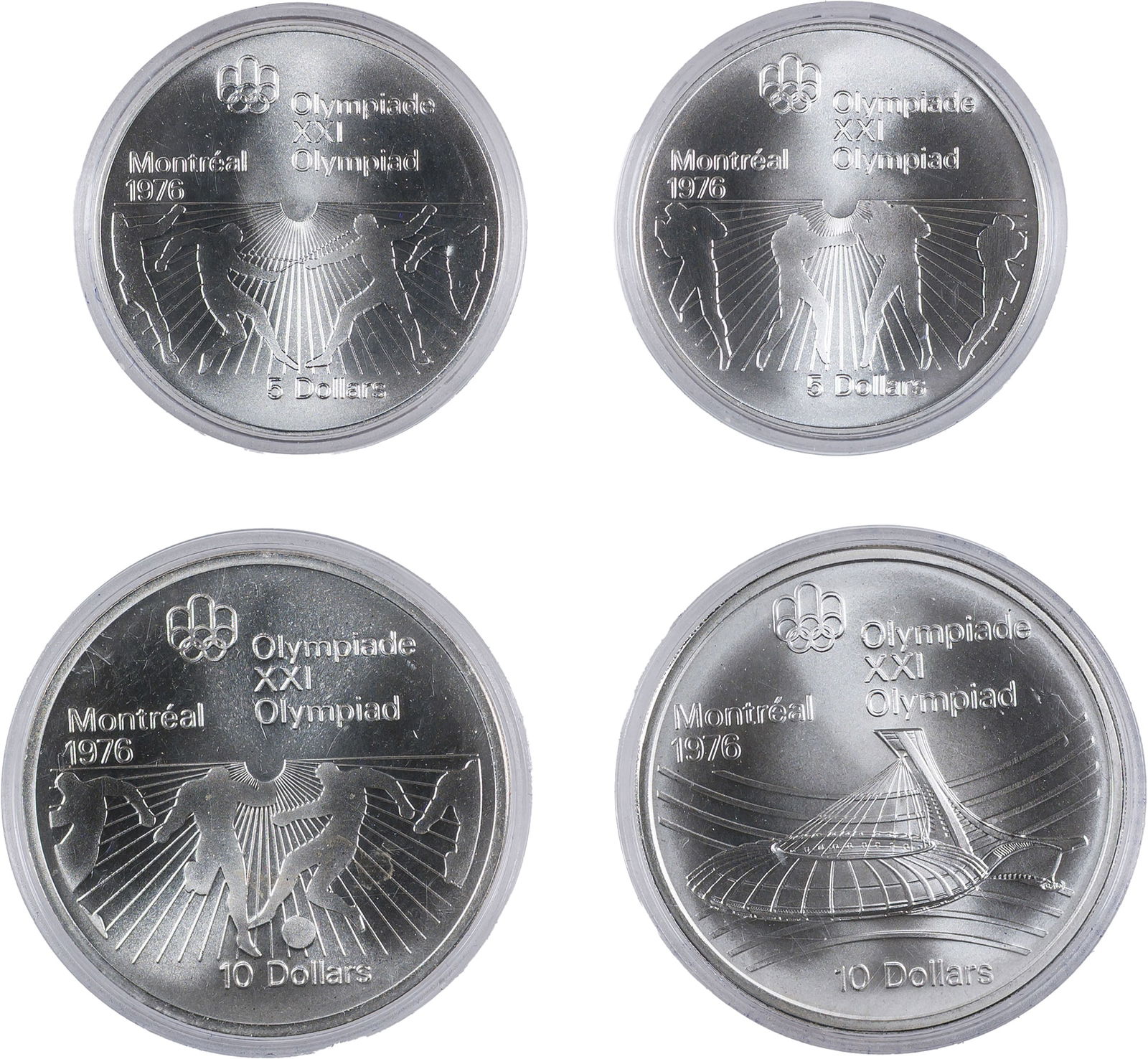 Canada. 1976 4 Coin Silver Olympic Set: Includes (2) $5 and (2) $10. Each is struck in sterling silver with the 4 coins containing a total of 4.32 ounces of pure silver. Each comes in its original capsule. (Total: 4 pcs)