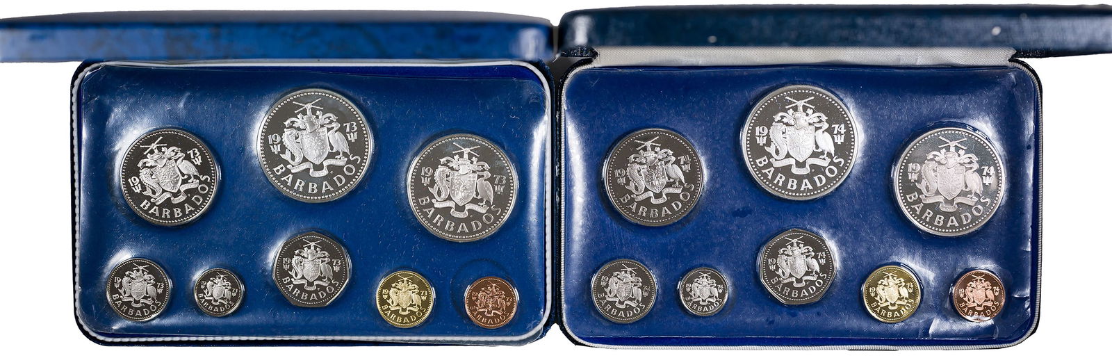 Barbados. 1973 & 1974 Proof Set Pair: Both are 8 coin sets and contain nearly 2 ounces of silver each. Both are in OGP though the 1974 has some damage to the packaging. (Total: 2 pcs)
