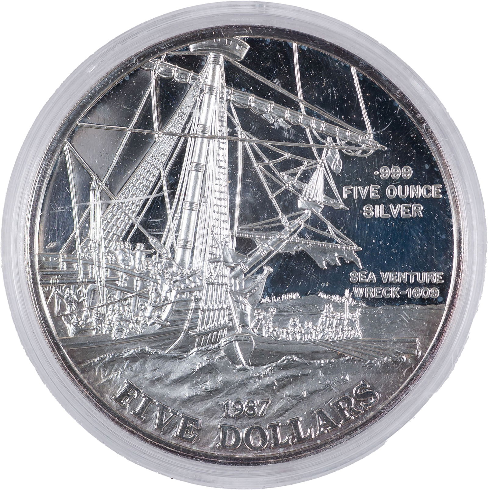 Bermuda. 1987 $5 Five-Ounce Silver Coin: Proof Surfaces. Bright and lustrous, as struck.