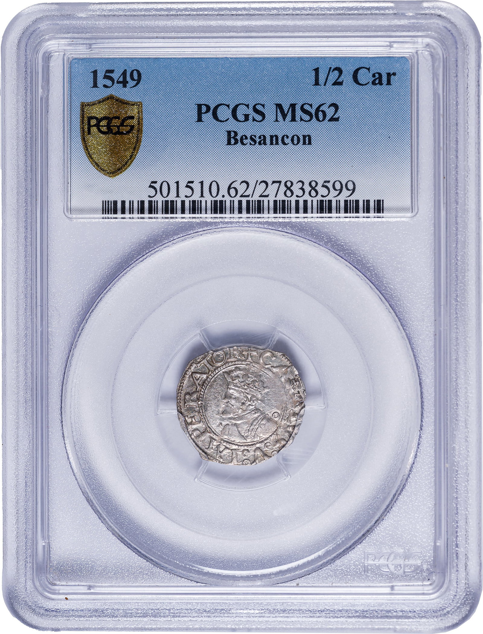 France. Besancon. PCGS MS-62 1549 Silver Half Carolus: Lustrous, sharp, and evenly centered, an important consideration in these early coins. Choice at every turn. Only two examples of the date have been considered finer by PCGS.