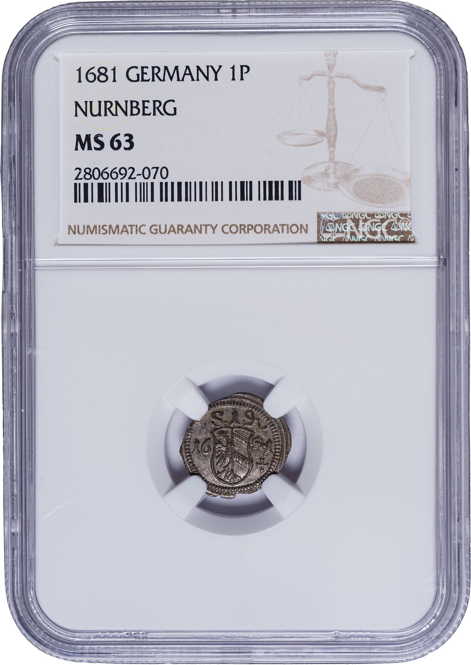 German States. Nurnberg. NGC MS-63 1681 Pfenning: Silver. A superlative steel gray example with lively luster, sharp details, and spot-on centering. Choice for the grade.