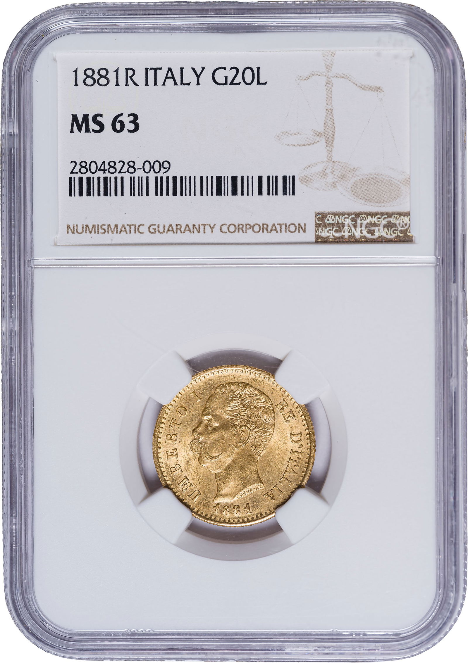 Italy. NGC MS-63 1881-R 20 Lire Gold: Lustrous yellow-gold with pale olive highlights.