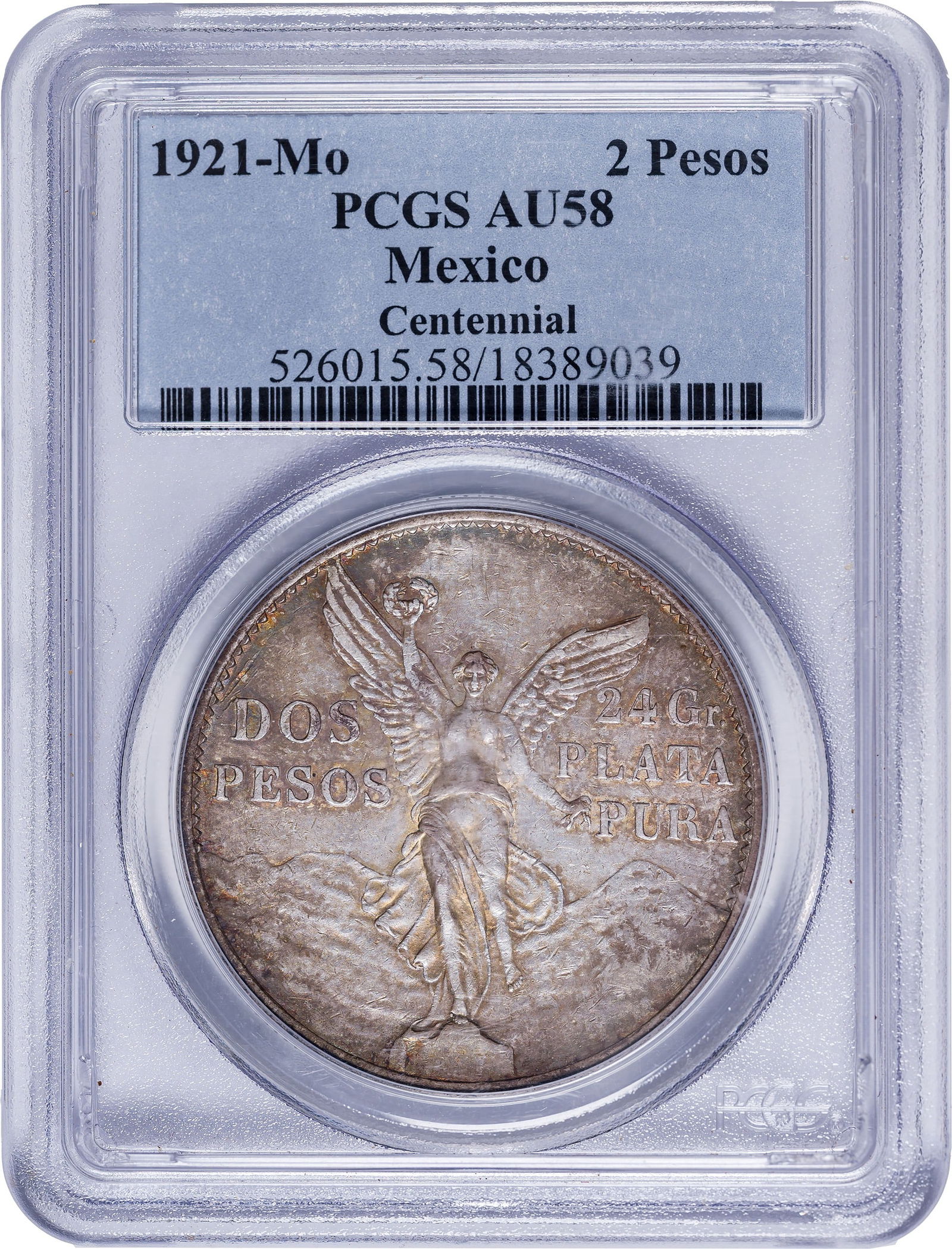 Mexico. Republic. PCGS AU-58 1921 2 Pesos Silver: Varied gray and silver toning highlights throughout. Celebrating Mexico's Centennial.