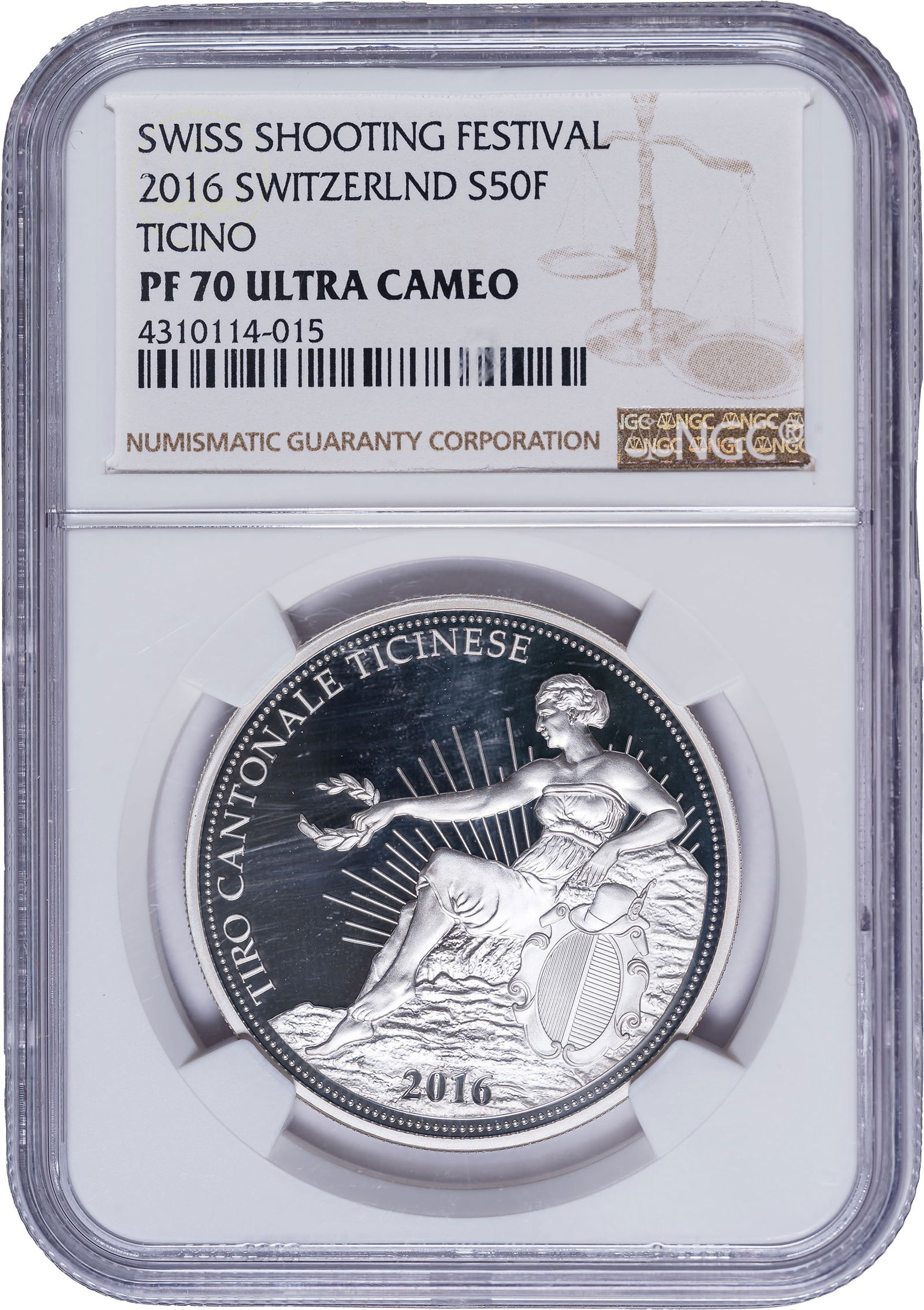 Switzerland. Ticino. NGC Proof-70 UC 50 Francs: Silver. Swiss Shooting Festival issue. As struck.