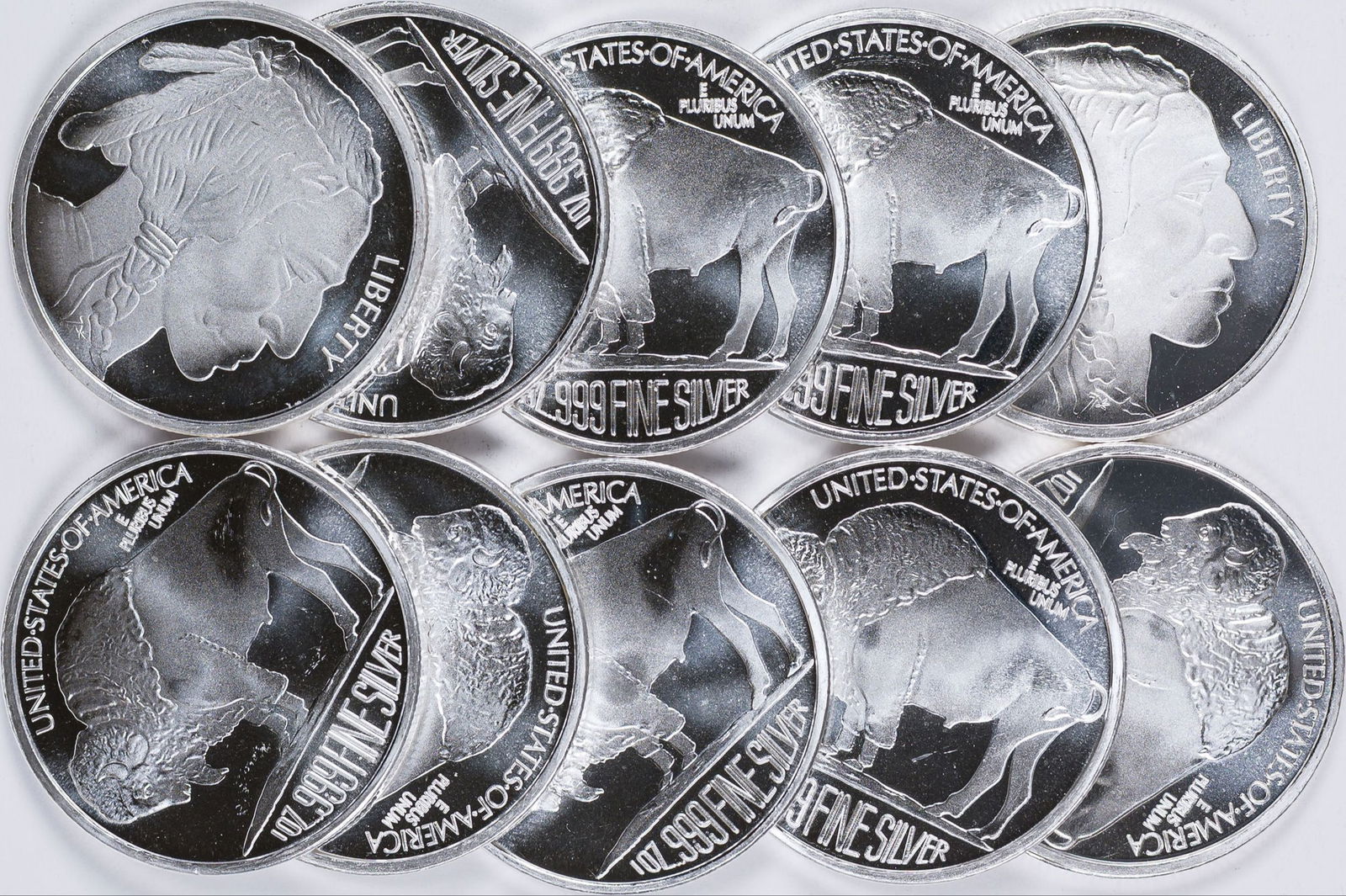 10 Pcs 1 Ounce Silver Rounds: .999 Fine. Buffalo Nickel design. (Total: 10 pcs)