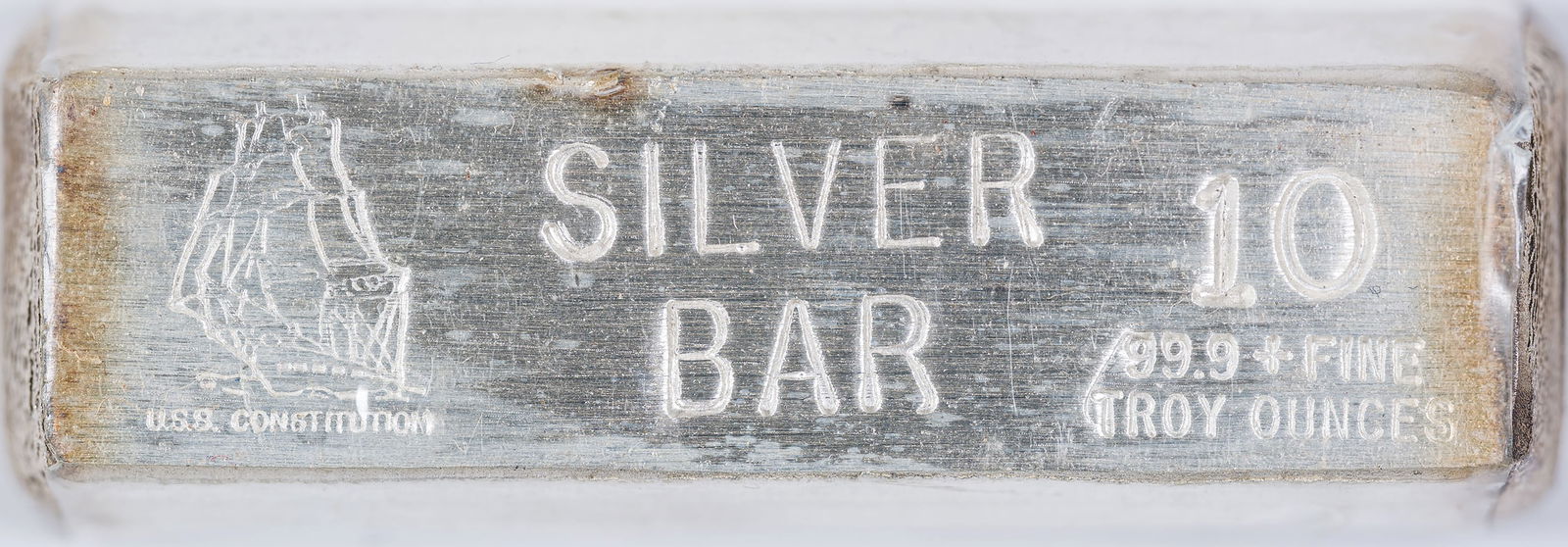 10 Oz Unidentified Cast Silver Bar: Marked to weight and fineness, no manufacturer named, portrayal of Old Ironsides on face.