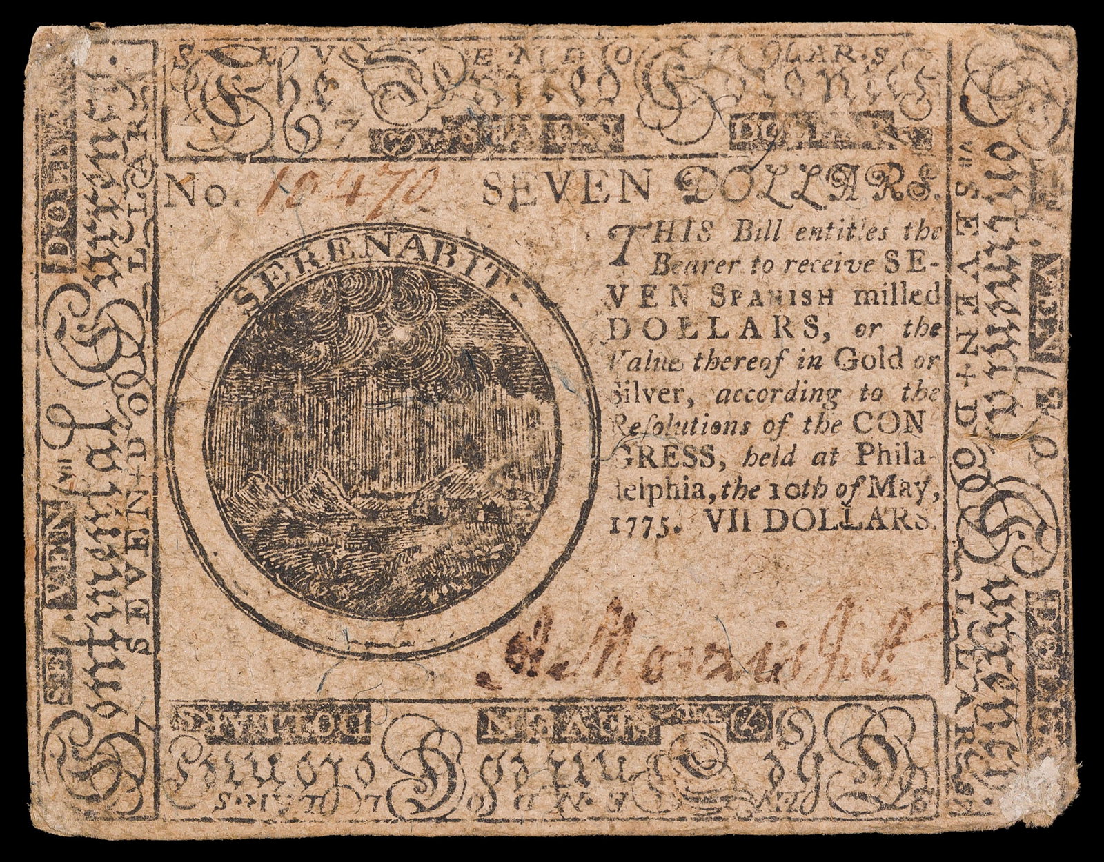 VF 1775 $7 Continental Currency: May 10, 1775. Possible mounting remnants at the lower right obverse corner.