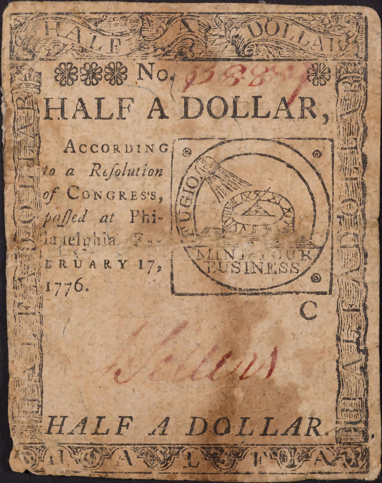 Pennsylvania. VF Details 1776 Half A Dollar Note: Half A Dollar. Fugio Cent designs face and back. Deep yellow paper, toning on back. Scarce in any grade.