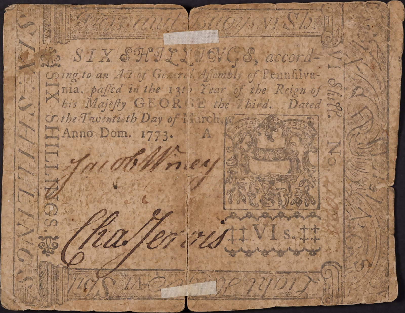 Pennsylvania. VF Details 1773 Six Shillings Note (1 of 2)