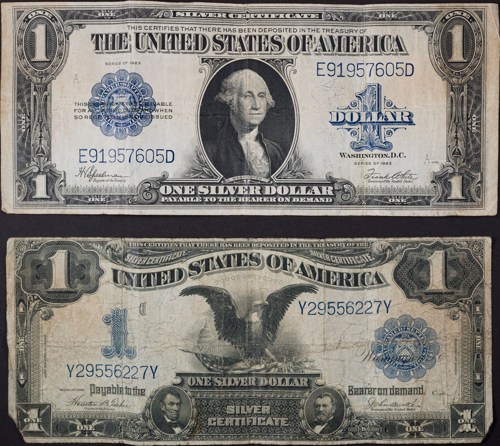 Pair of Horse Blanket $1 Notes: Includes: Series 1899 Black Eagle, Fine, some damage; and Series 1923 VF, several vertical creases. (Total: 2 pieces)