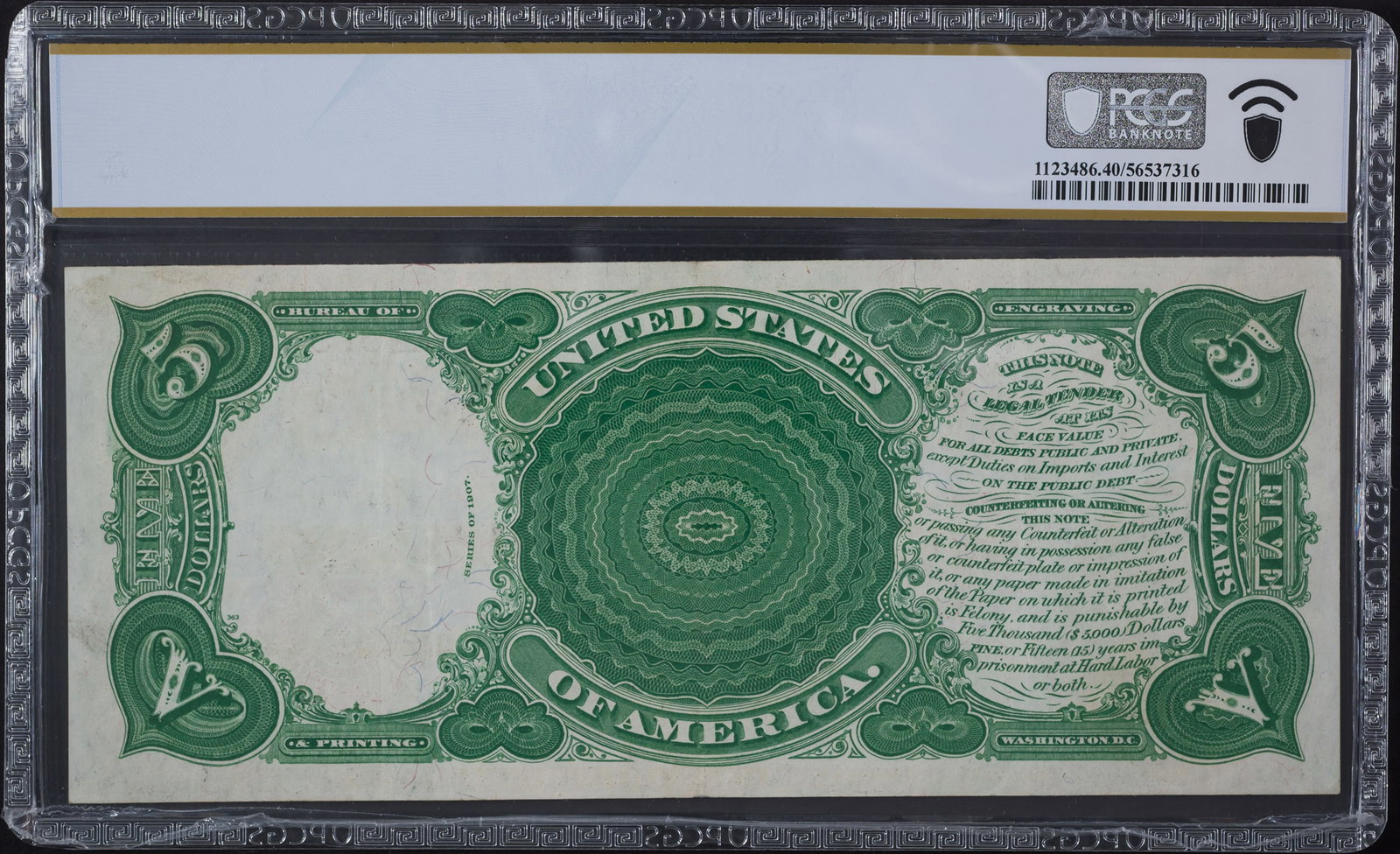 PCGS EF-40 PPQ 1907 $5 Wood Chopper - 2