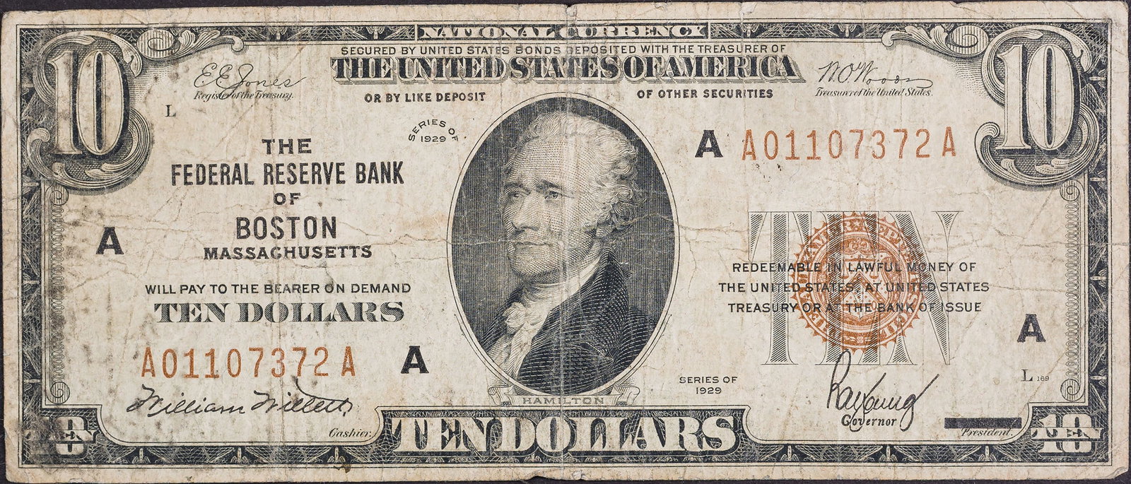 Massachusetts. Boston. Fine National Currency $10: Series 1929. Federal Reserve Bank of Boston. Creased and wrinkled, as should be expected at the assigned grade.