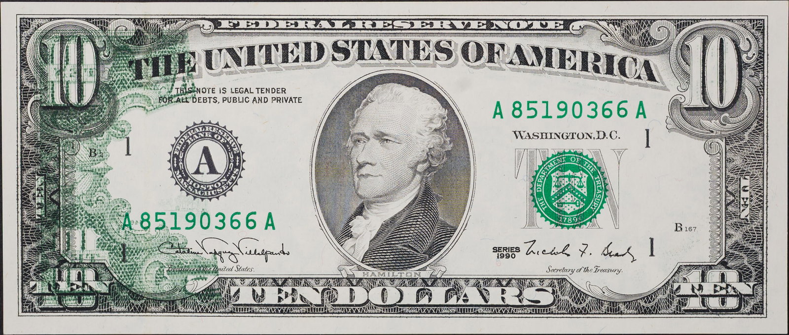 Gem New 1990 $10 Off-Set Printing Error: Green ink design from back boldly presented at left of face.