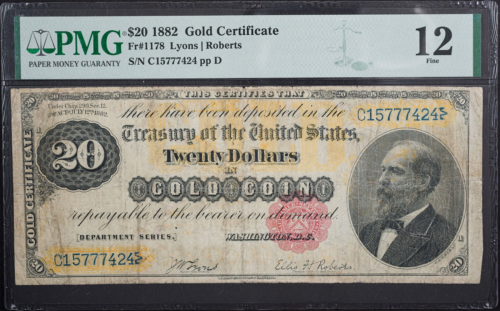PMG F-12 1882 $20 Gold Certificate: Fr.1178. Shows one small pin hole, but nothing that is not in keeping with the grade