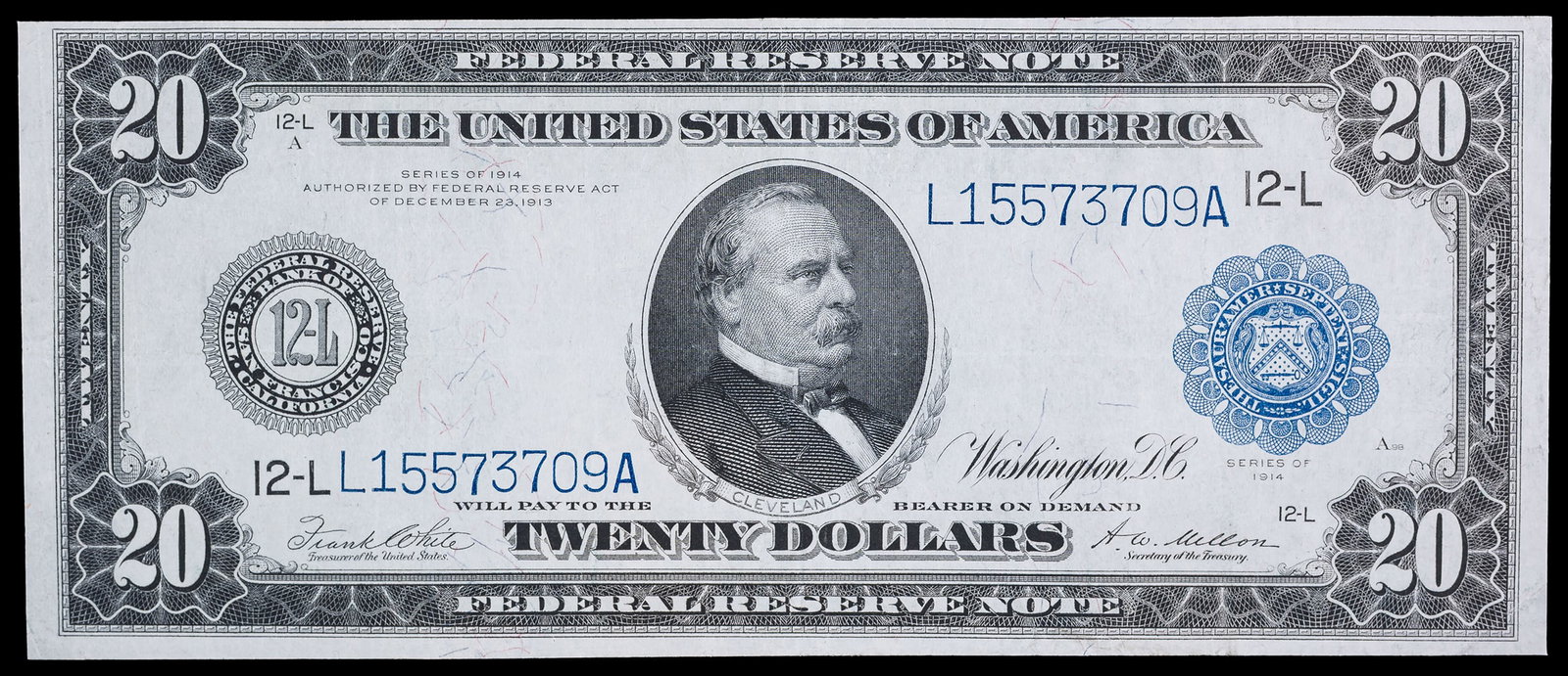 VF-EF 1914 $20 Federal Reserve Note: San Francisco, Bright and crisp with only minor folds visible. Shows some very slight soiling on the reverse.