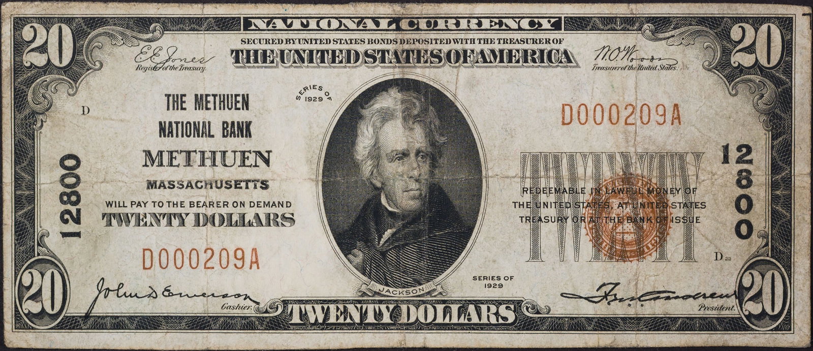Massachusetts. Methuen. VF $20 National Currency (1 of 2)